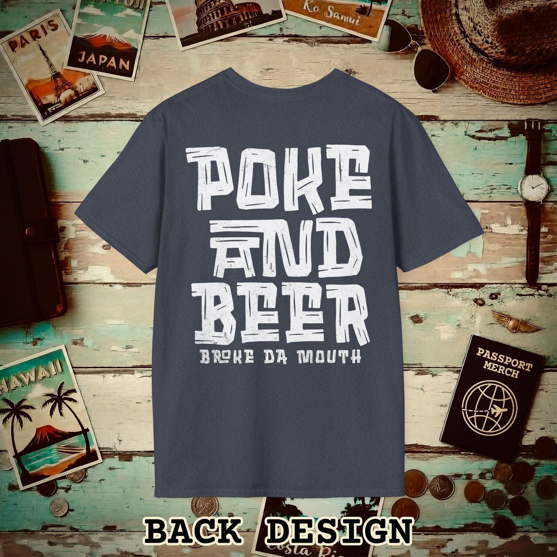 Poke and Beer, Hawaii, Back Print T-Shirt Heather Navy / S