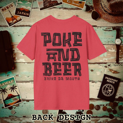 Poke and Beer, Hawaii, Back Print T-Shirt Heather Red / S