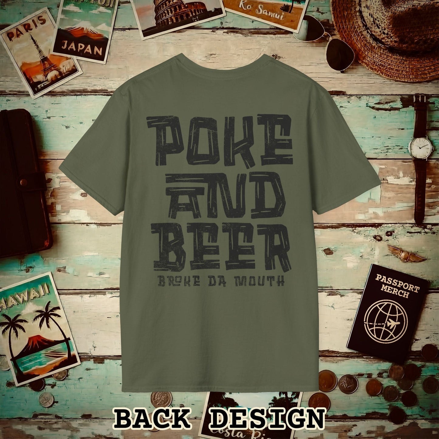 Poke and Beer, Hawaii, Back Print T-Shirt Military Green / S