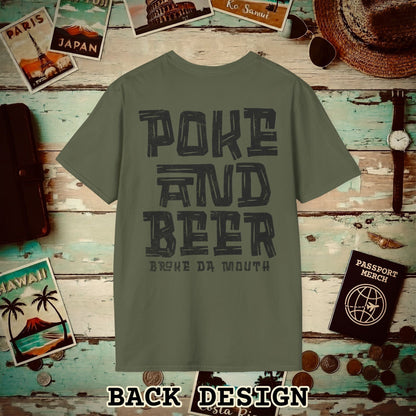 Poke and Beer, Hawaii, Back Print T-Shirt Military Green / S