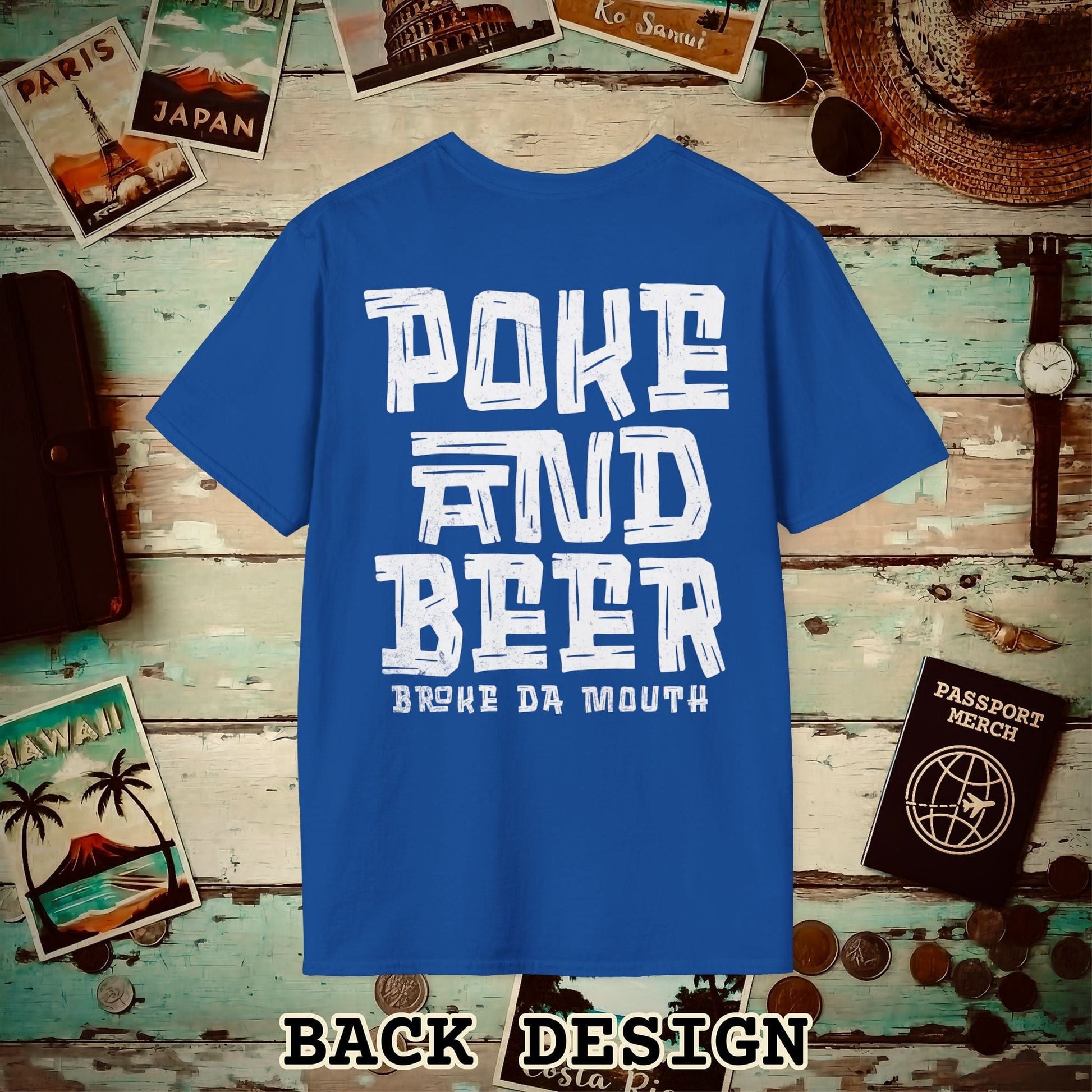 Poke and Beer, Hawaii, Back Print T-Shirt Royal / S