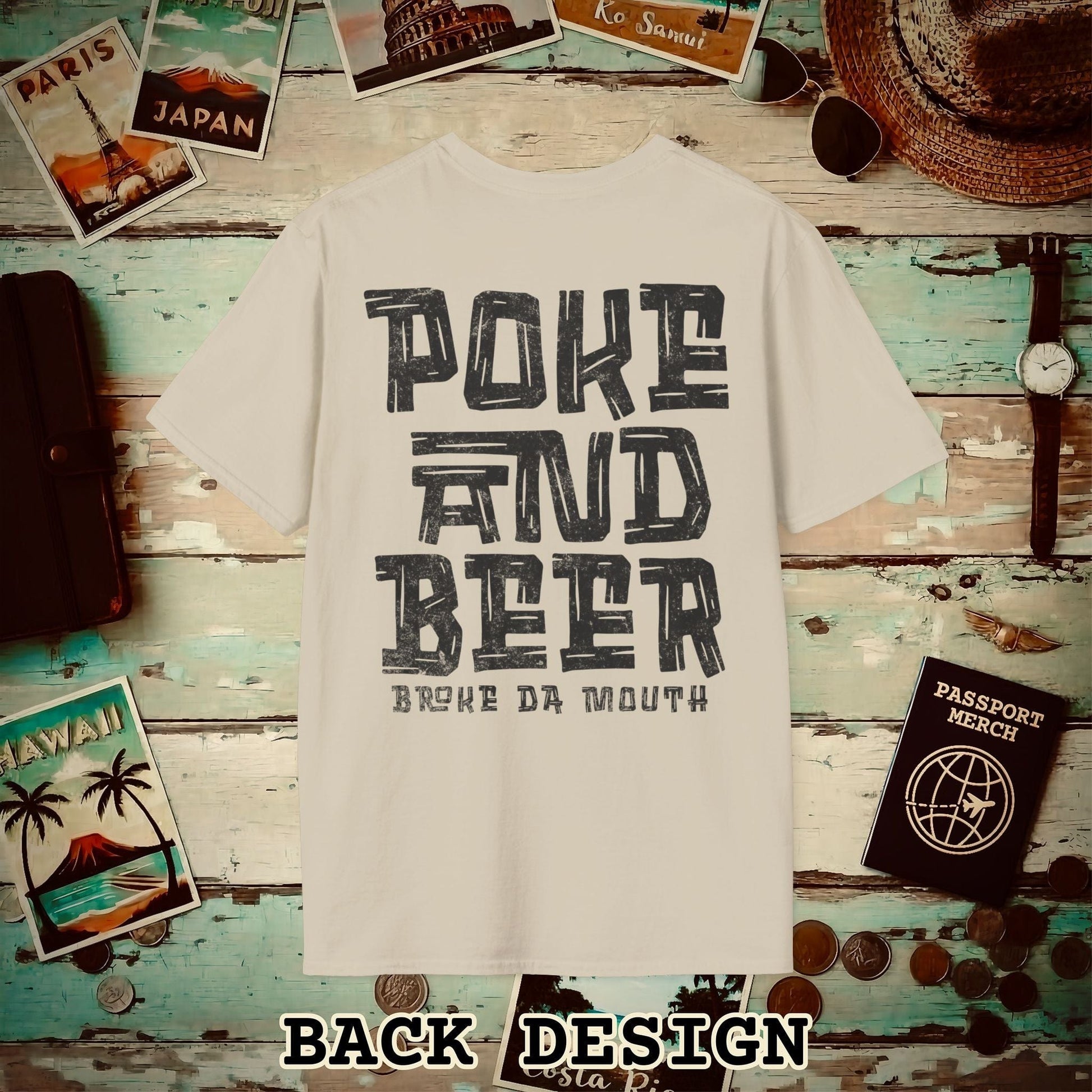 Poke and Beer, Hawaii, Back Print T-Shirt Sand / S