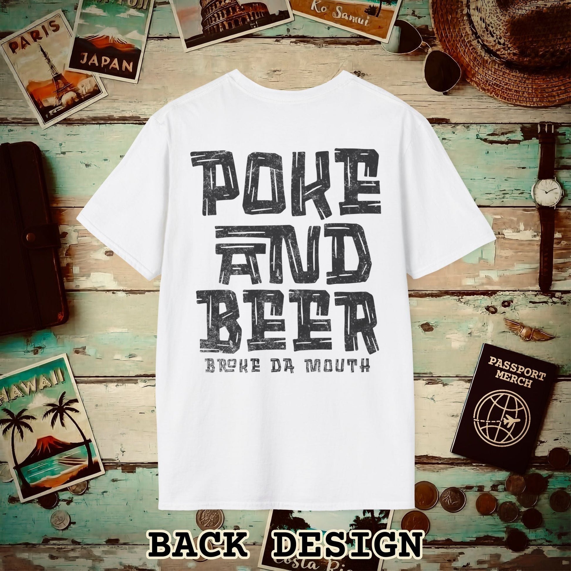 Poke and Beer, Hawaii, Back Print T-Shirt White / S