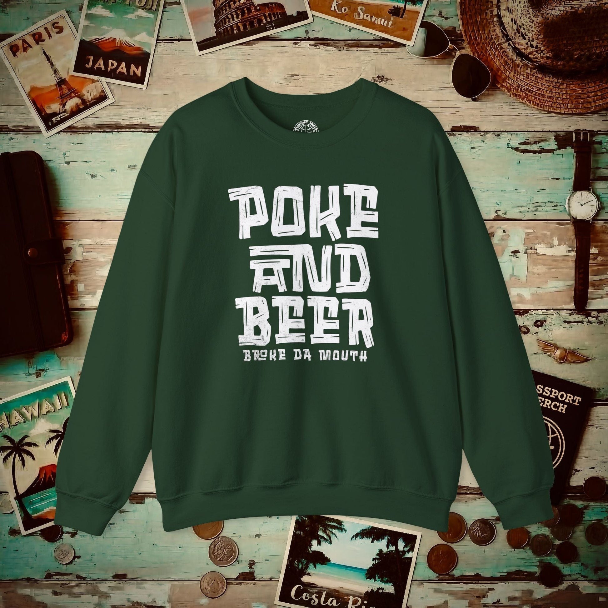 Poke and Beer, Hawaii Crewneck Forest Green / S