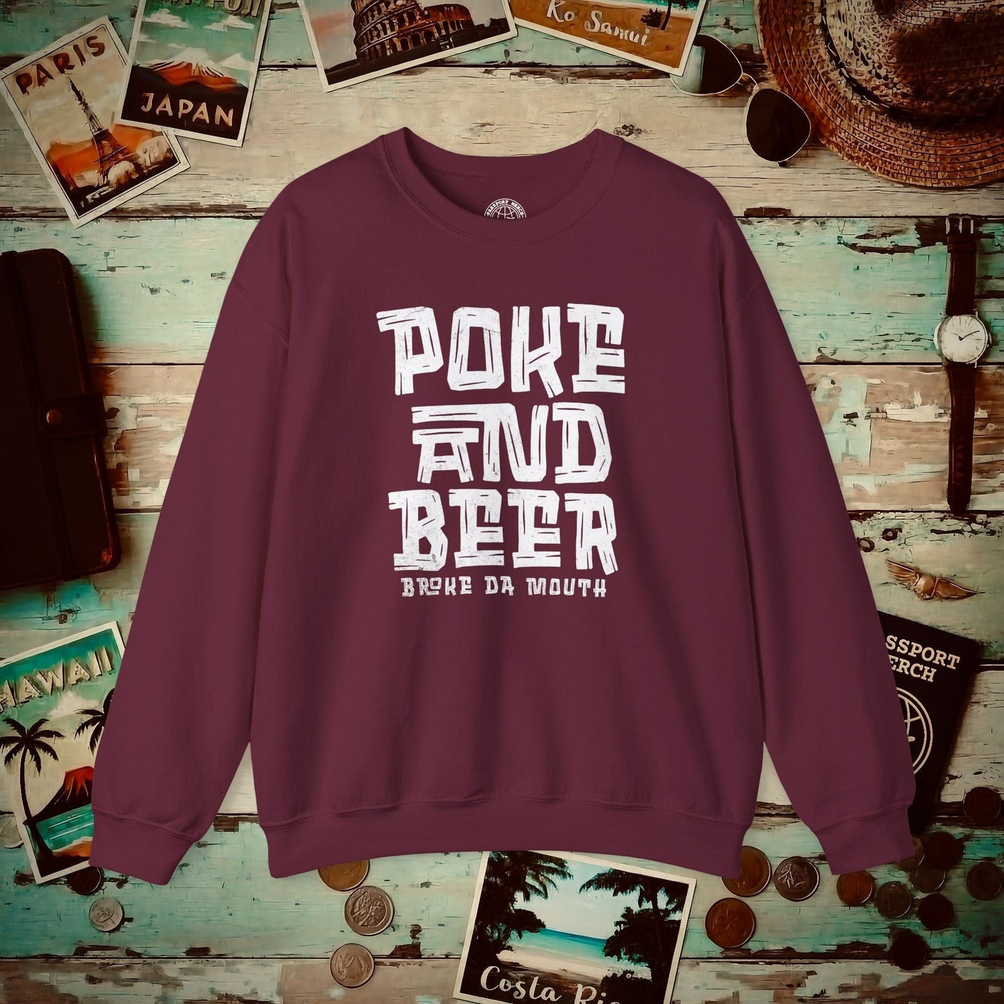 Poke and Beer, Hawaii Crewneck Maroon / S