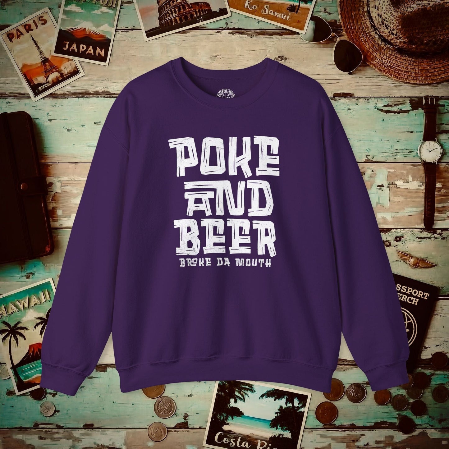 Poke and Beer, Hawaii Crewneck Purple / S