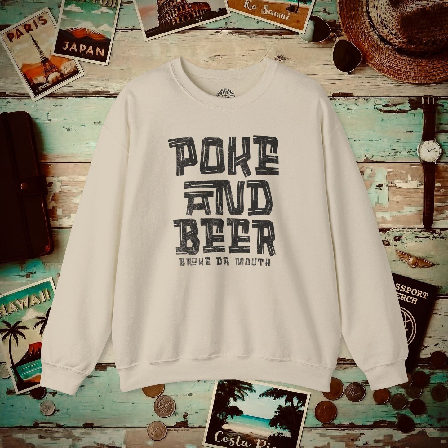 Poke and Beer, Hawaii Crewneck Sand / S