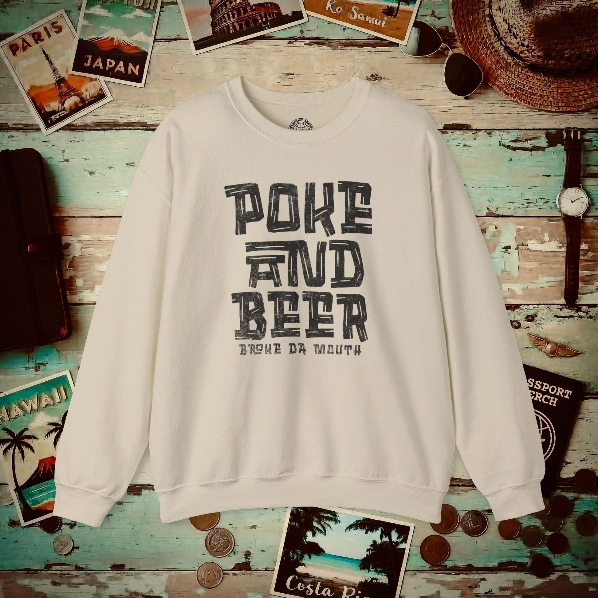 Poke and Beer, Hawaii Crewneck Sand / S