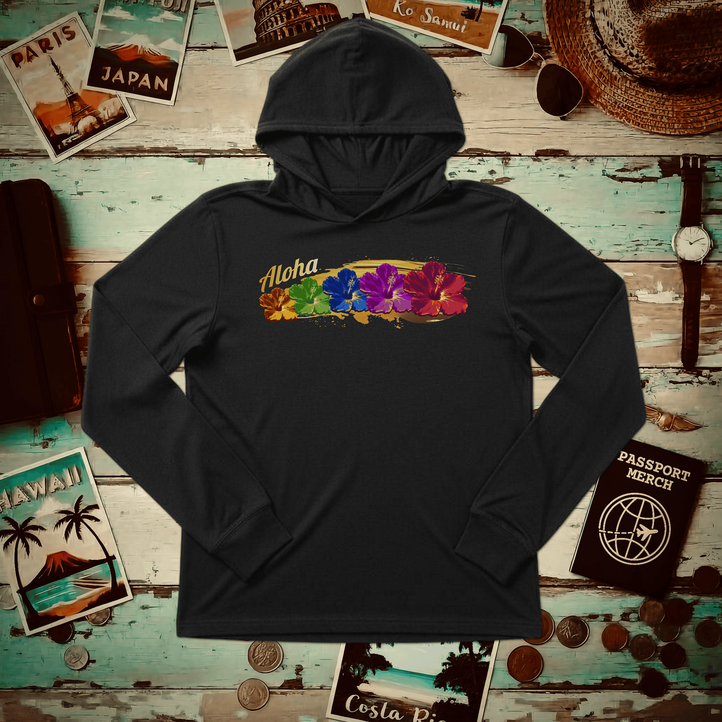 Pop Art Hibiscus, Hawaii Hooded Long Sleeve Black / S