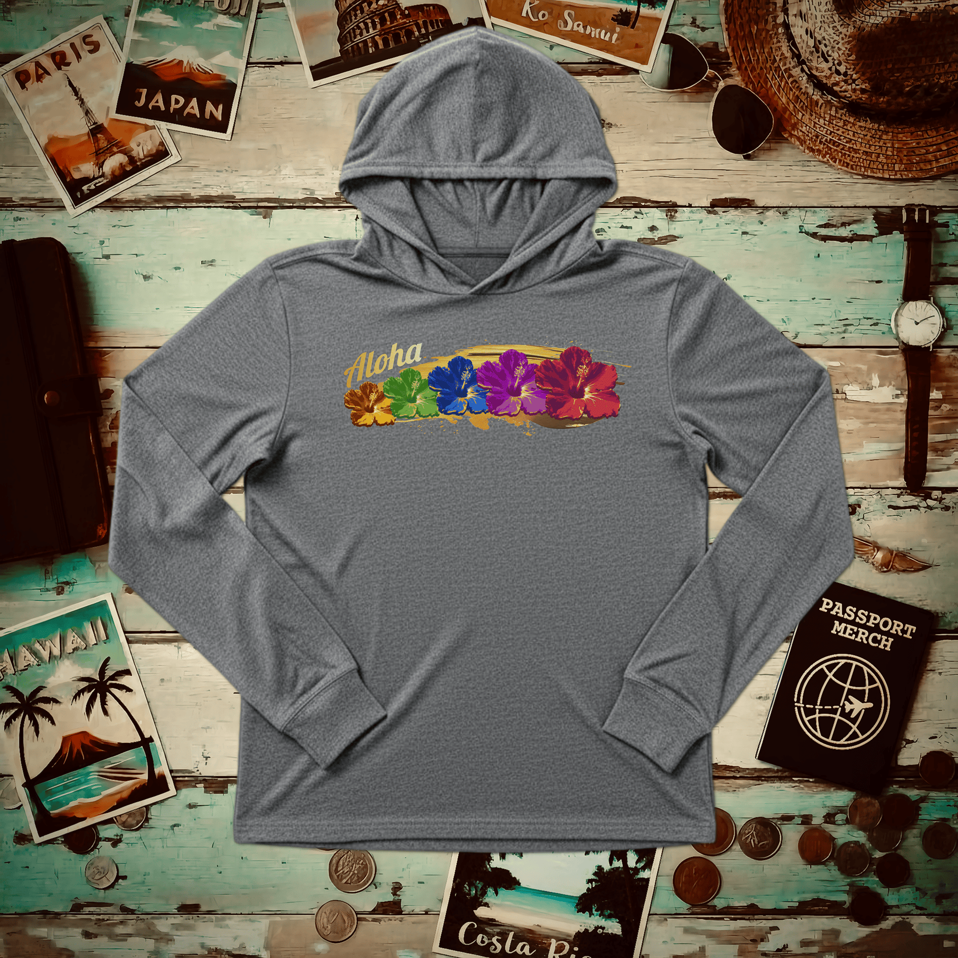 Pop Art Hibiscus, Hawaii Hooded Long Sleeve Grey TriBlend / XS