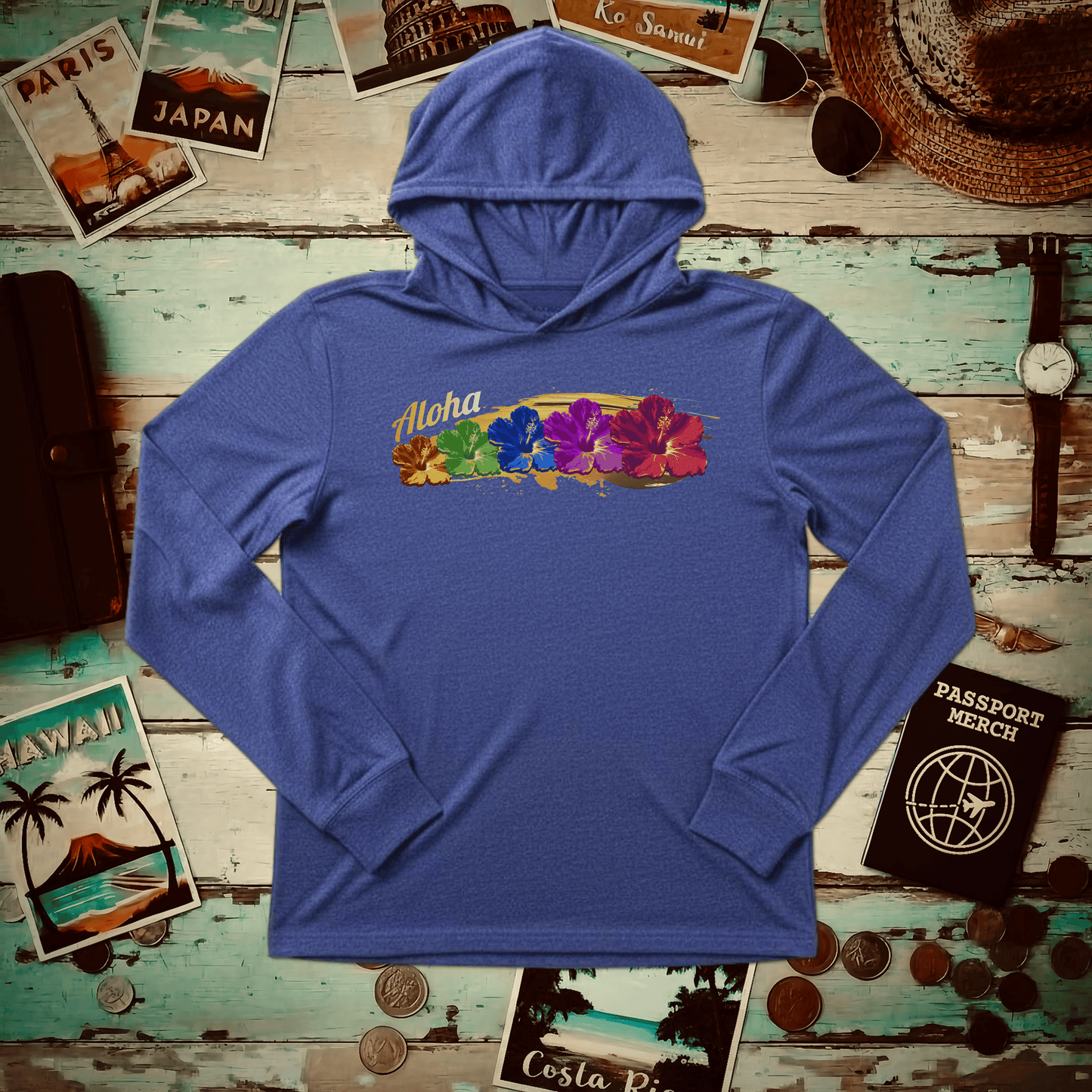 Pop Art Hibiscus, Hawaii Hooded Long Sleeve Heather True Royal / XS