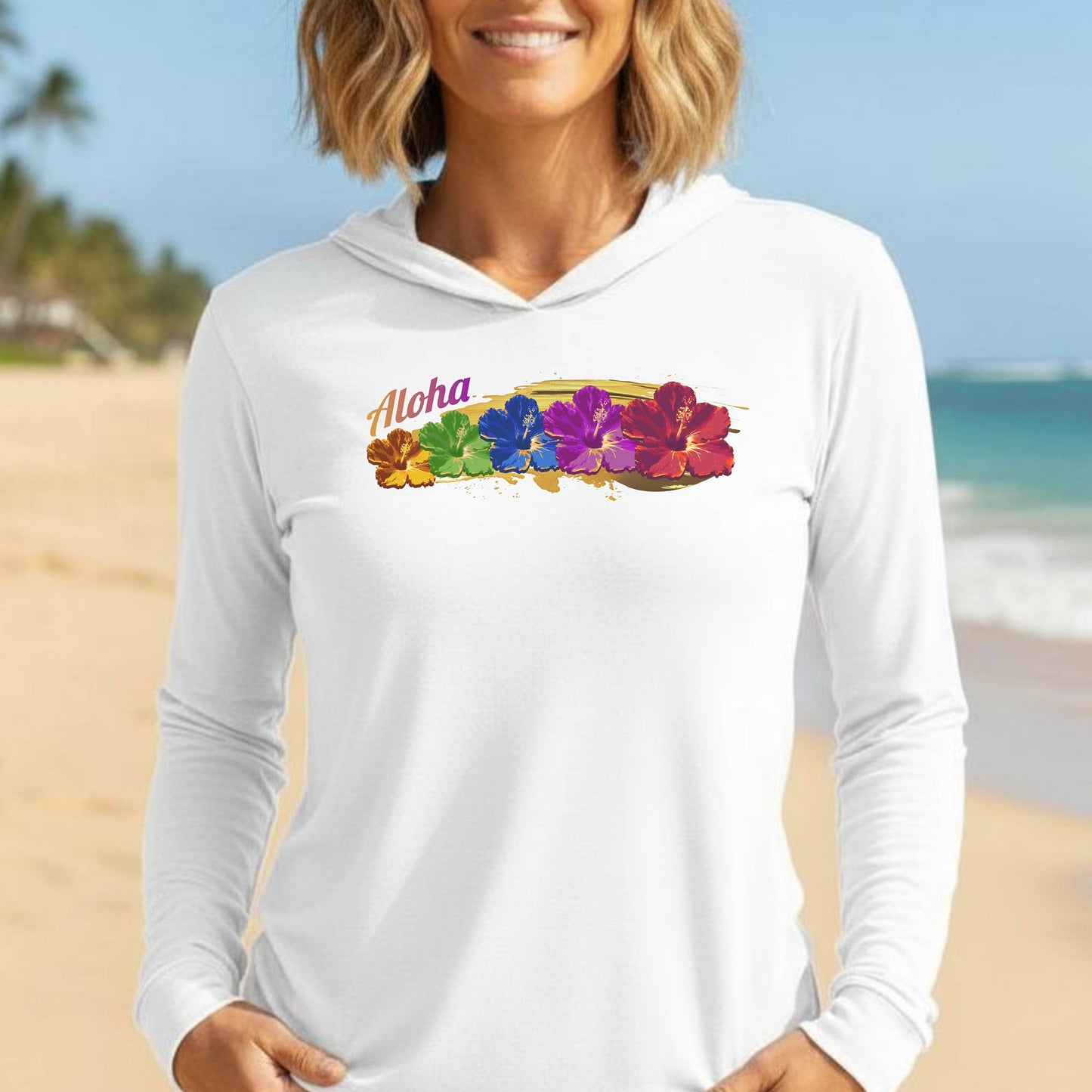 Pop Art Hibiscus, Hawaii Hooded Long Sleeve White / XS