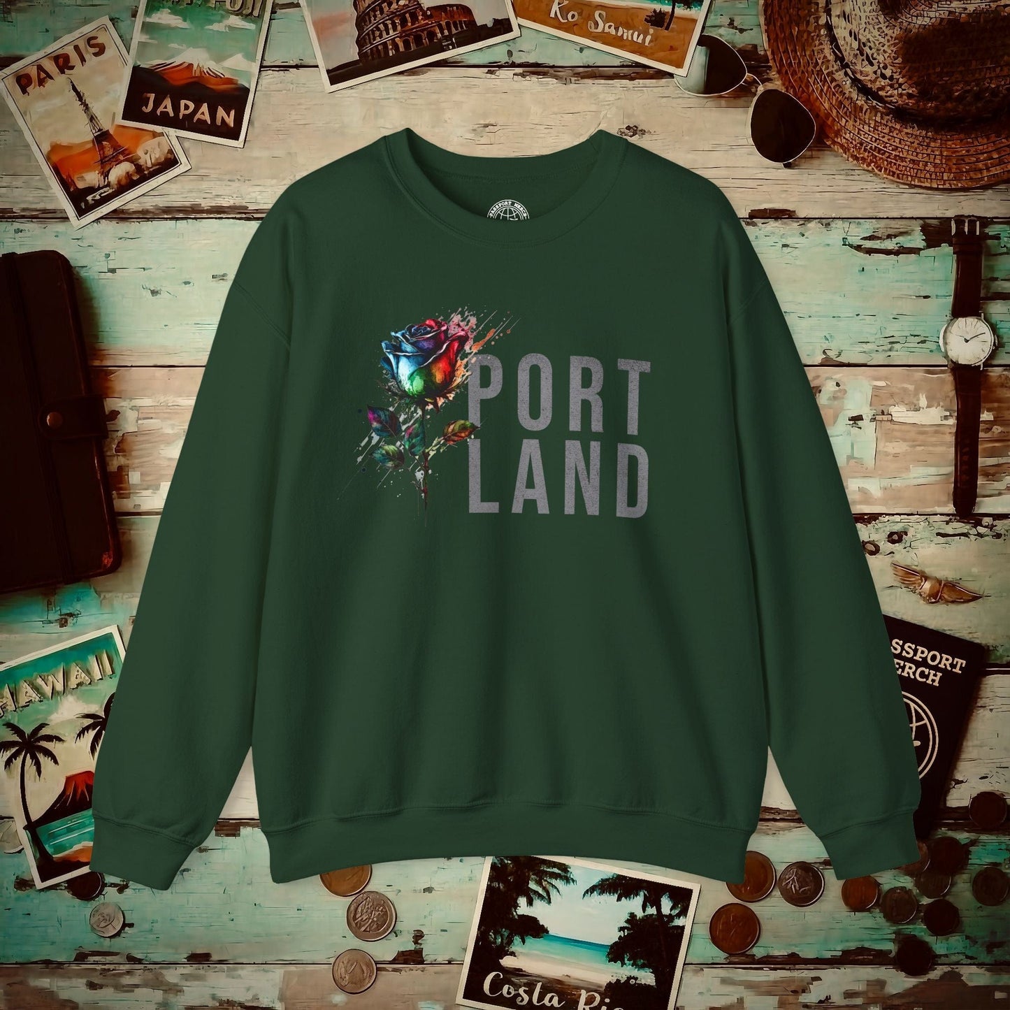 Portland Rose, Oregon Crewneck Forest Green / S