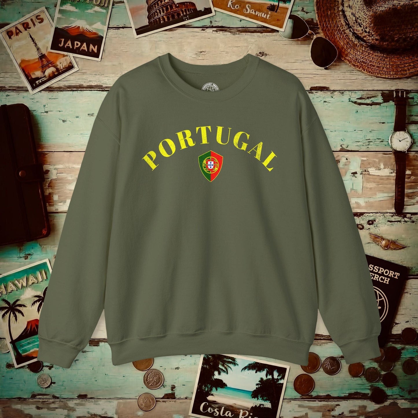 Portugal Coat of Arms Flag Shield Crewneck Military Green / S