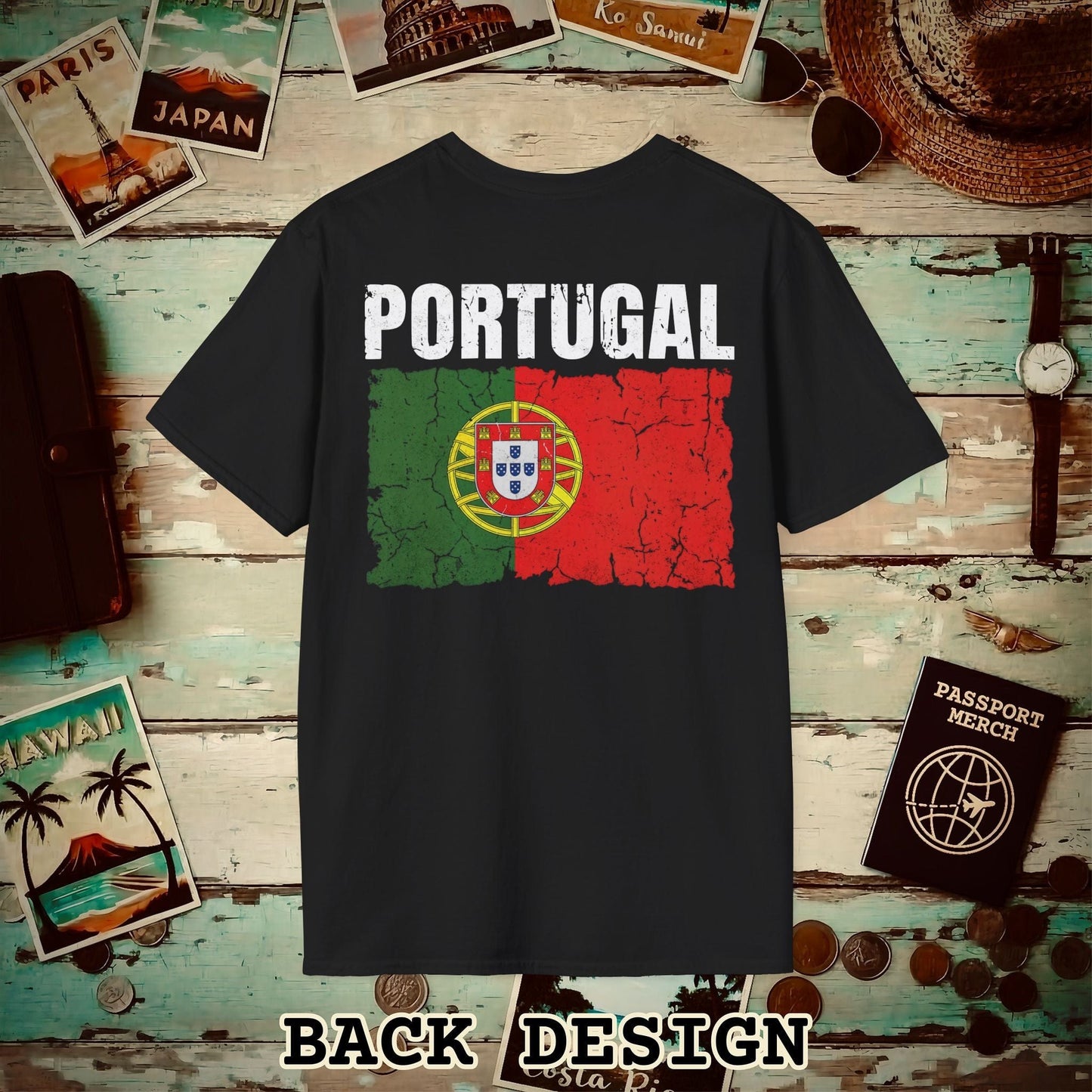 Portugal Vintage Flag Back Print T-Shirt Black / S