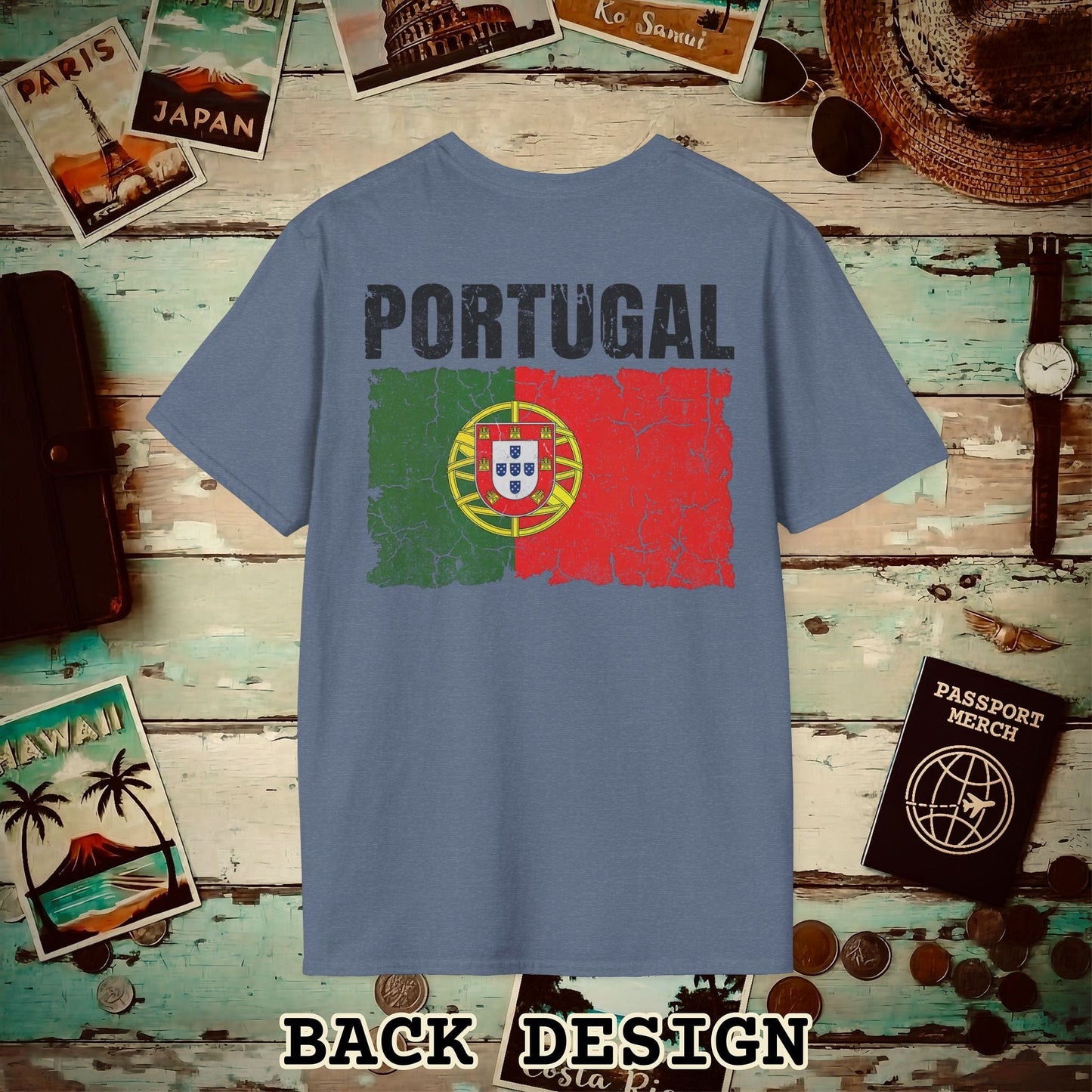 Portugal Vintage Flag Back Print T-Shirt Heather Indigo / S