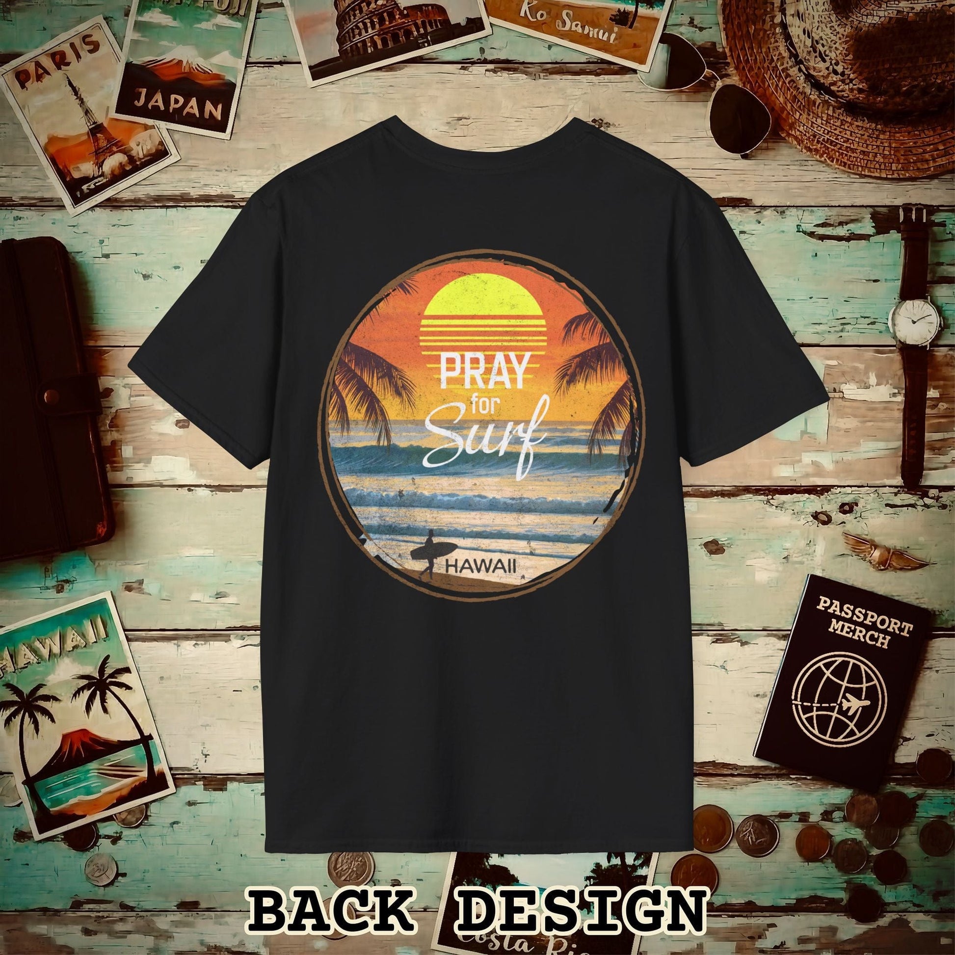 Pray for Surf Hawaii, Back Print T-Shirt Black / S
