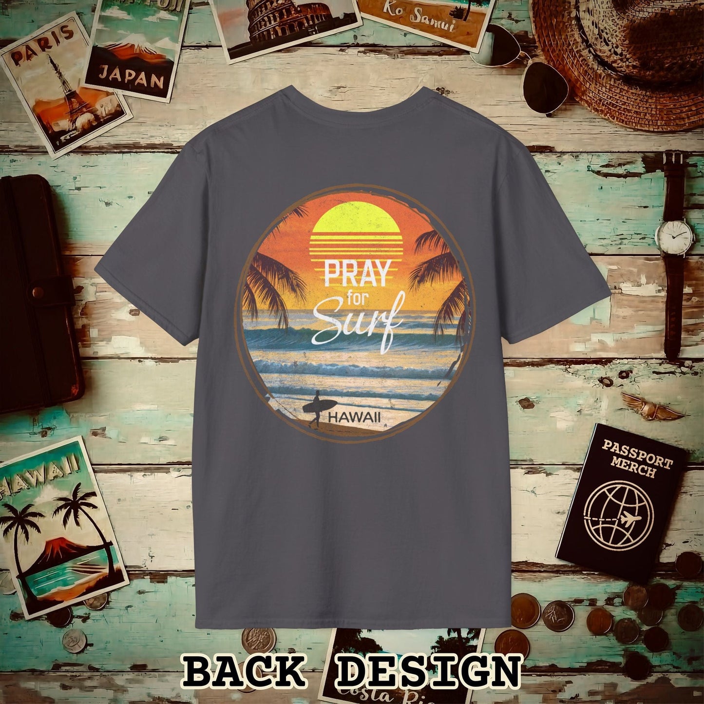 Pray for Surf Hawaii, Back Print T-Shirt Charcoal / S
