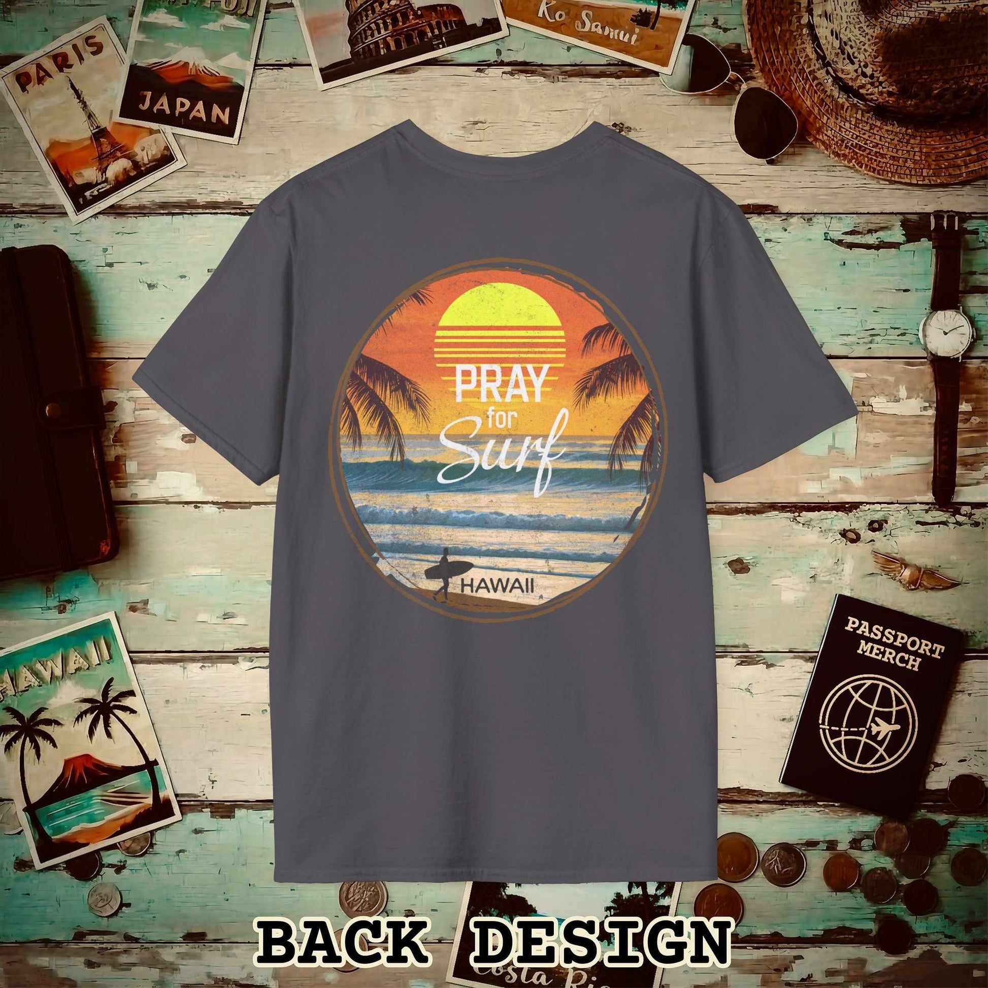 Pray for Surf Hawaii, Back Print T-Shirt Charcoal / S