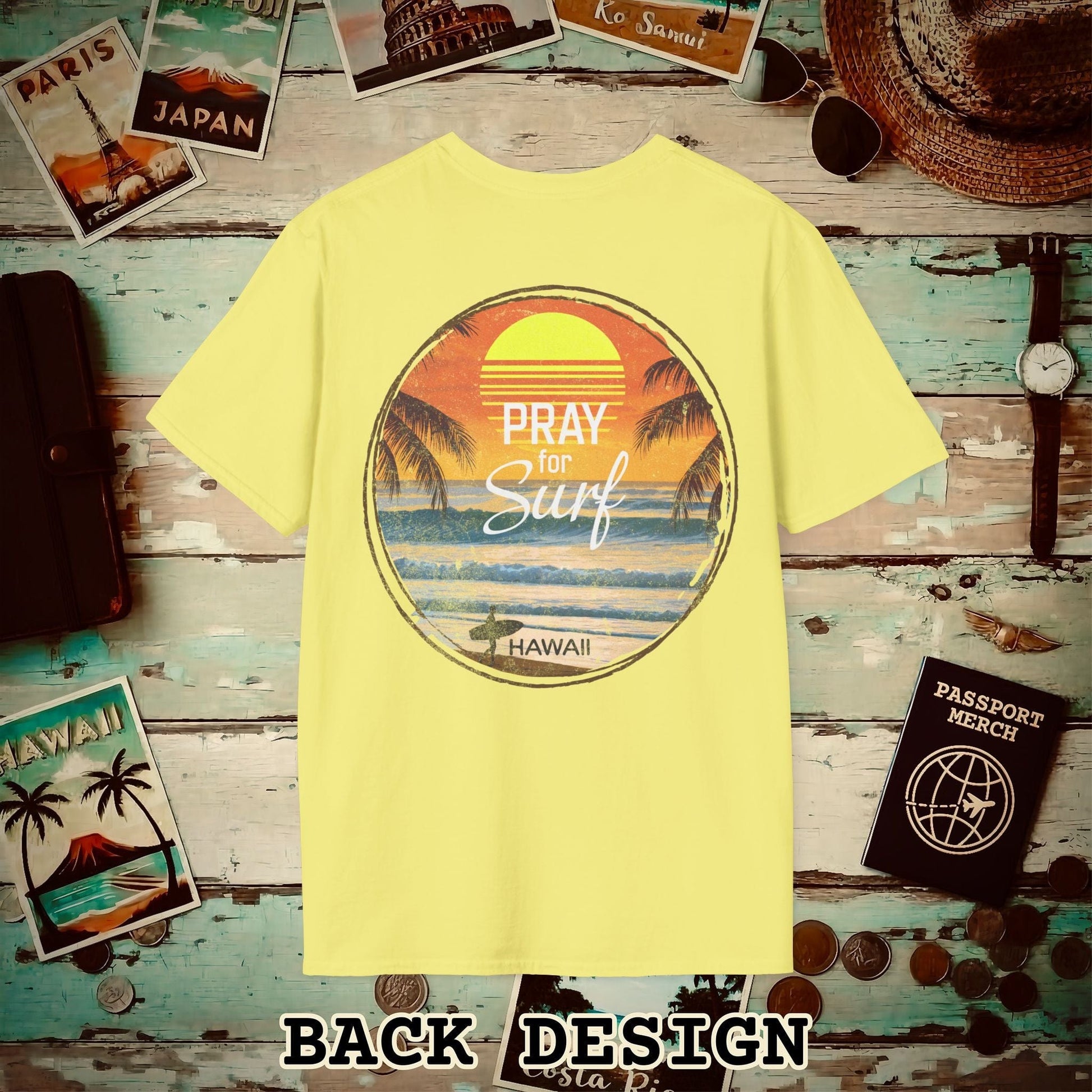 Pray for Surf Hawaii, Back Print T-Shirt Cornsilk / S