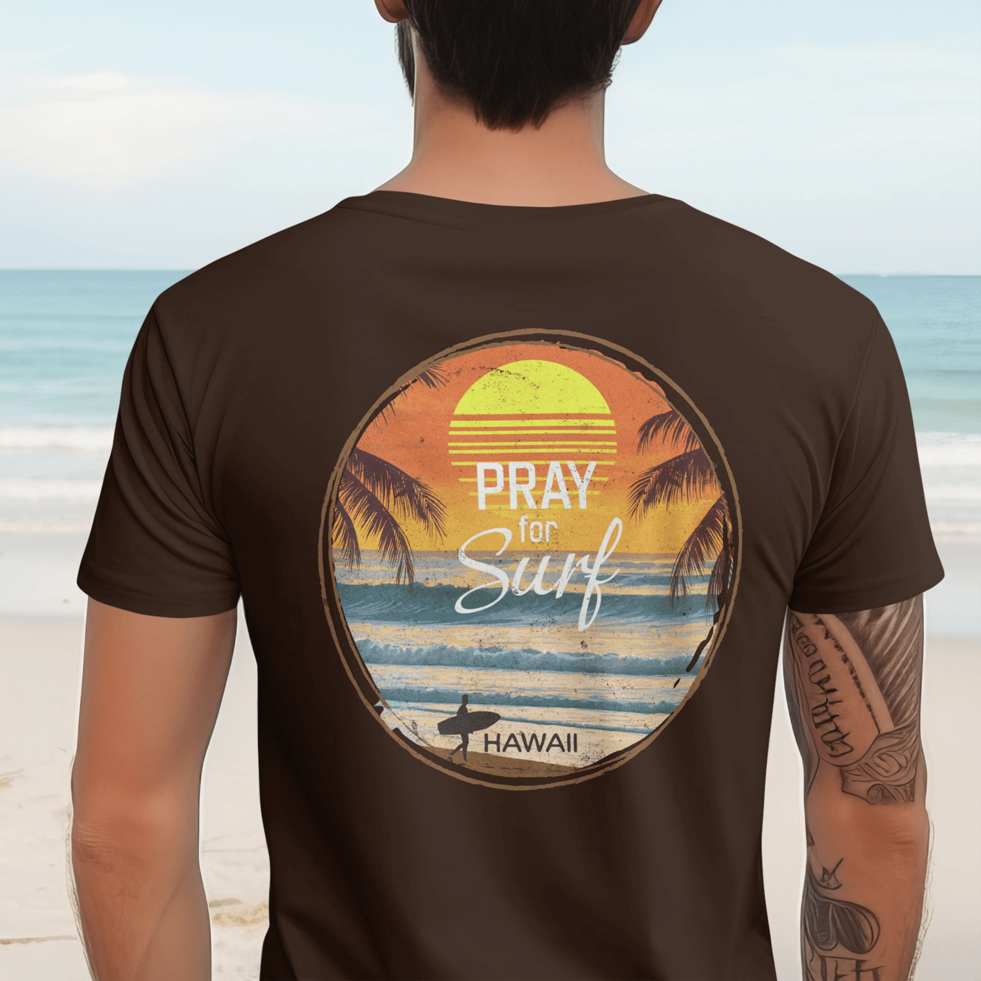 Pray for Surf Hawaii, Back Print T-Shirt Dark Chocolate / S