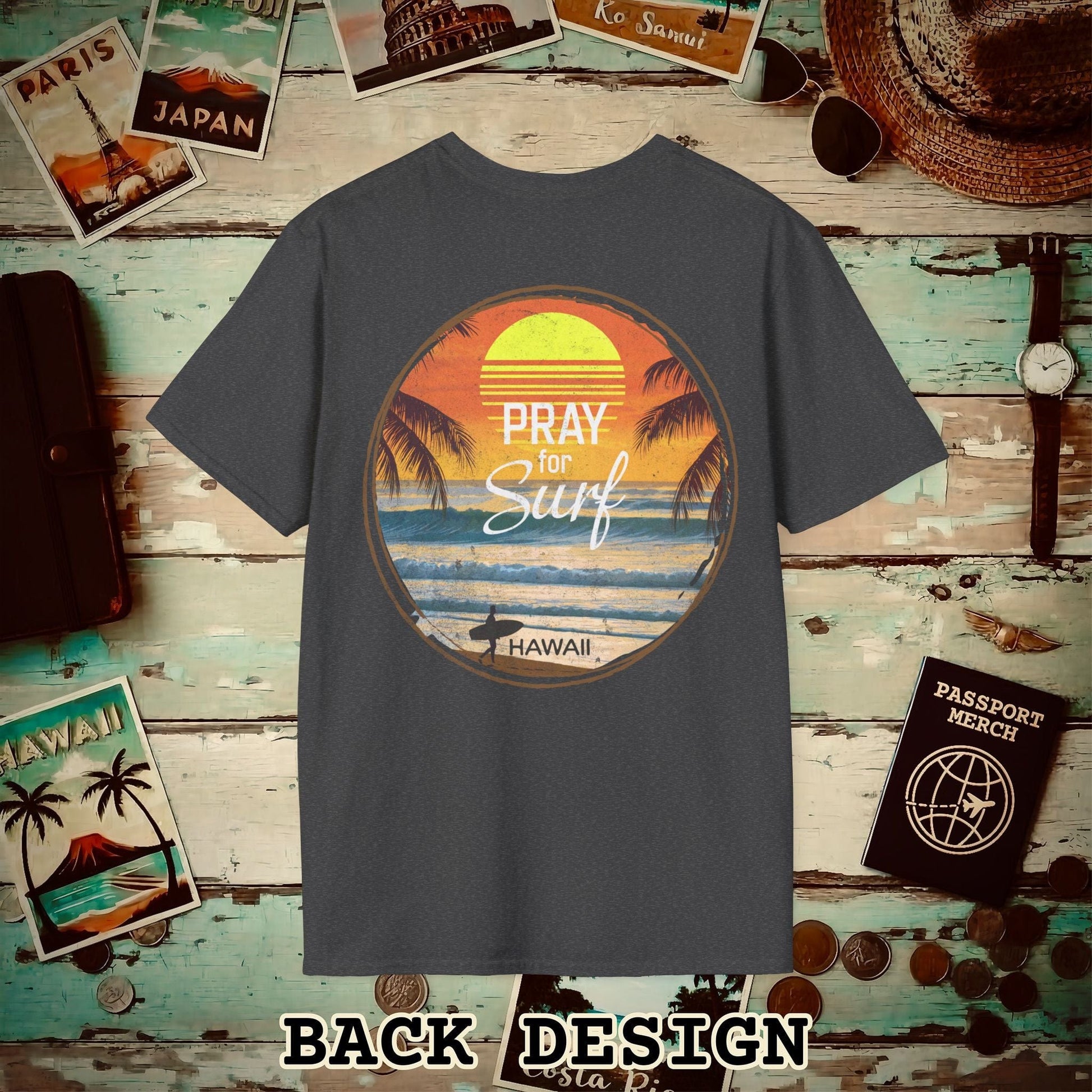 Pray for Surf Hawaii, Back Print T-Shirt Dark Heather / S