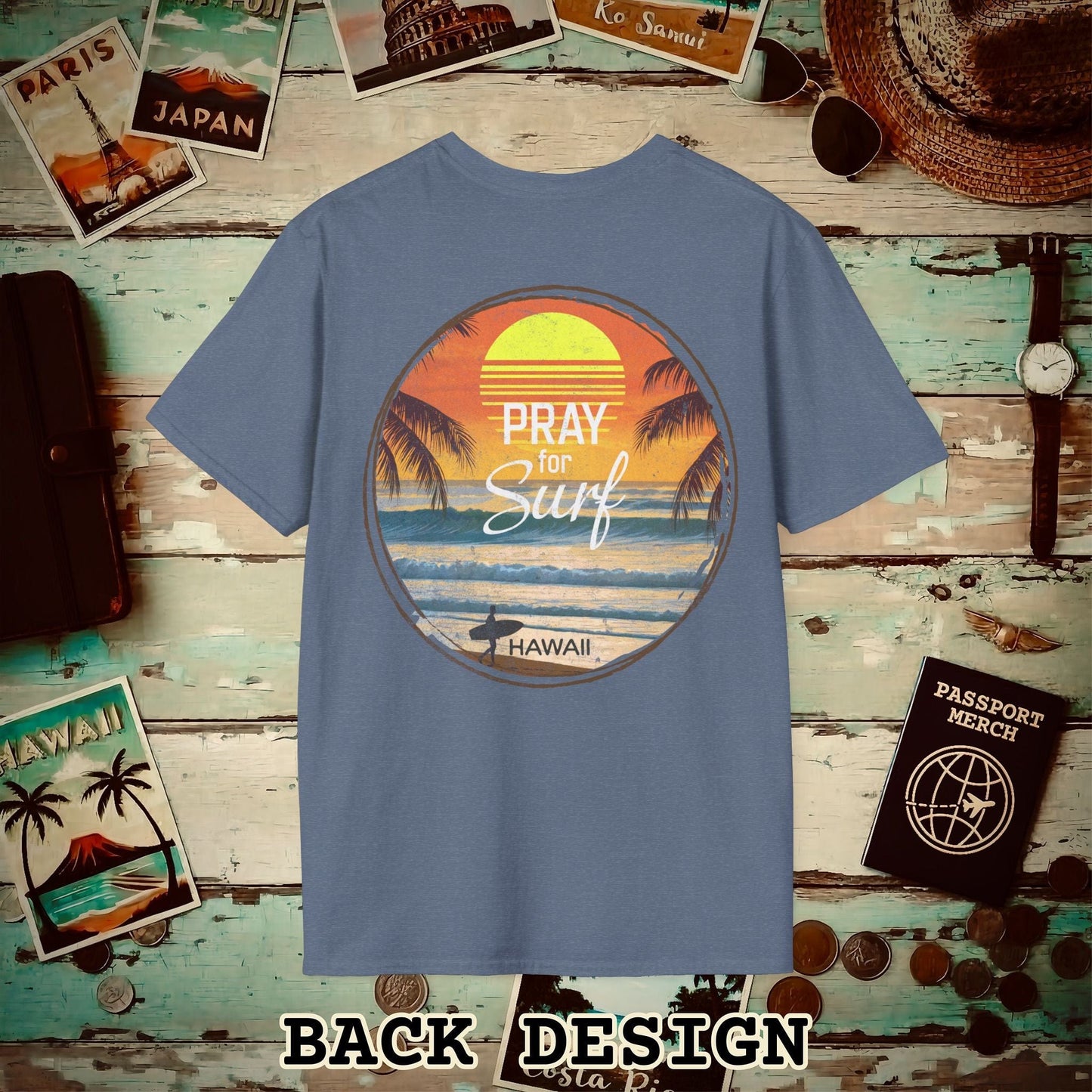 Pray for Surf Hawaii, Back Print T-Shirt Heather Indigo / S