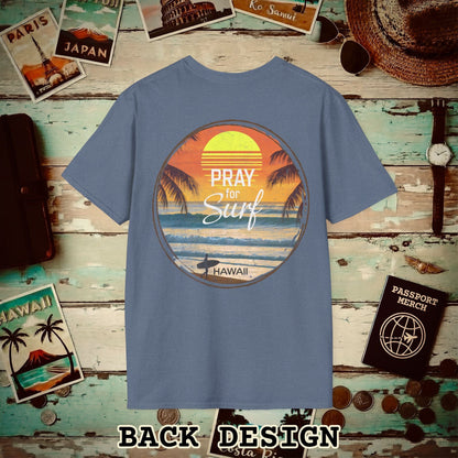 Pray for Surf Hawaii, Back Print T-Shirt Heather Indigo / S