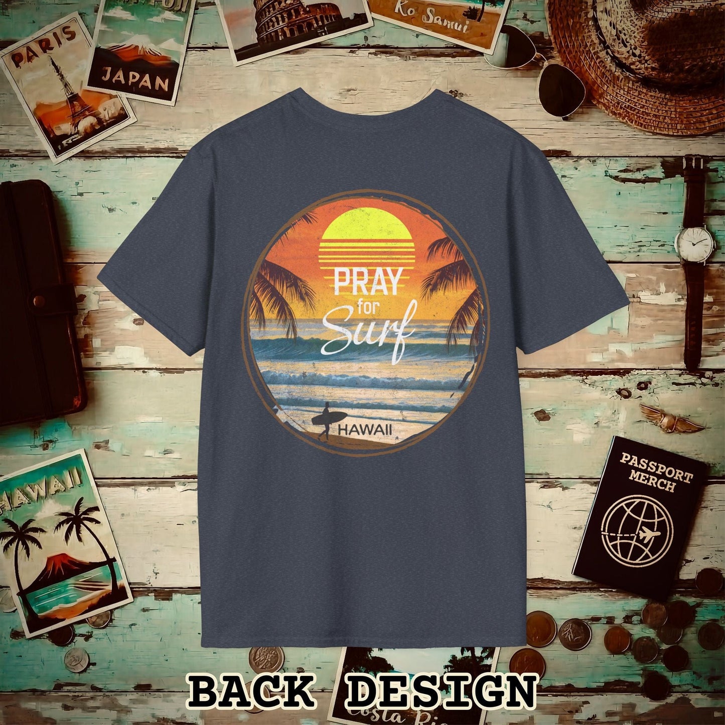 Pray for Surf Hawaii, Back Print T-Shirt Heather Navy / S