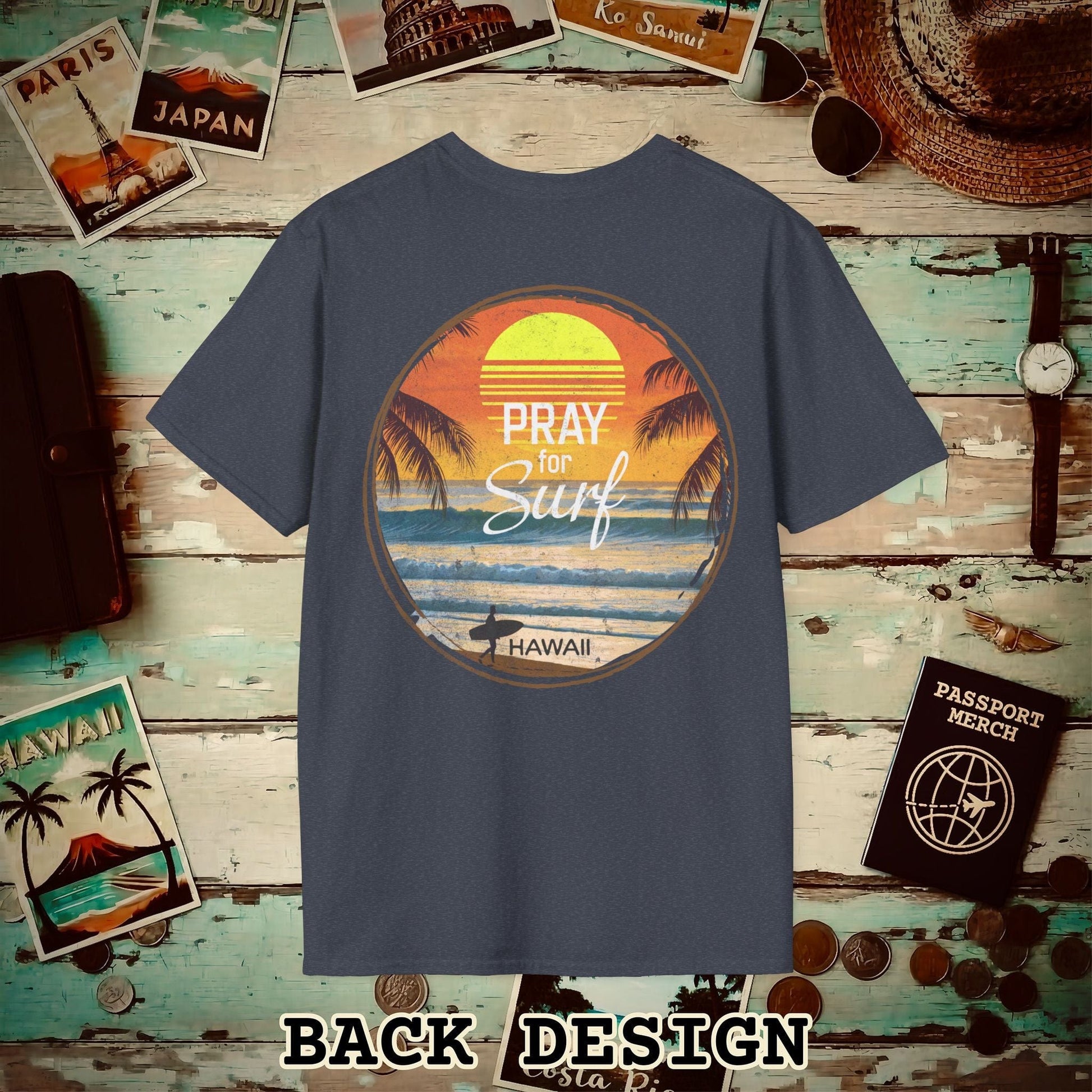 Pray for Surf Hawaii, Back Print T-Shirt Heather Navy / S