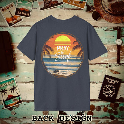 Pray for Surf Hawaii, Back Print T-Shirt Heather Navy / S