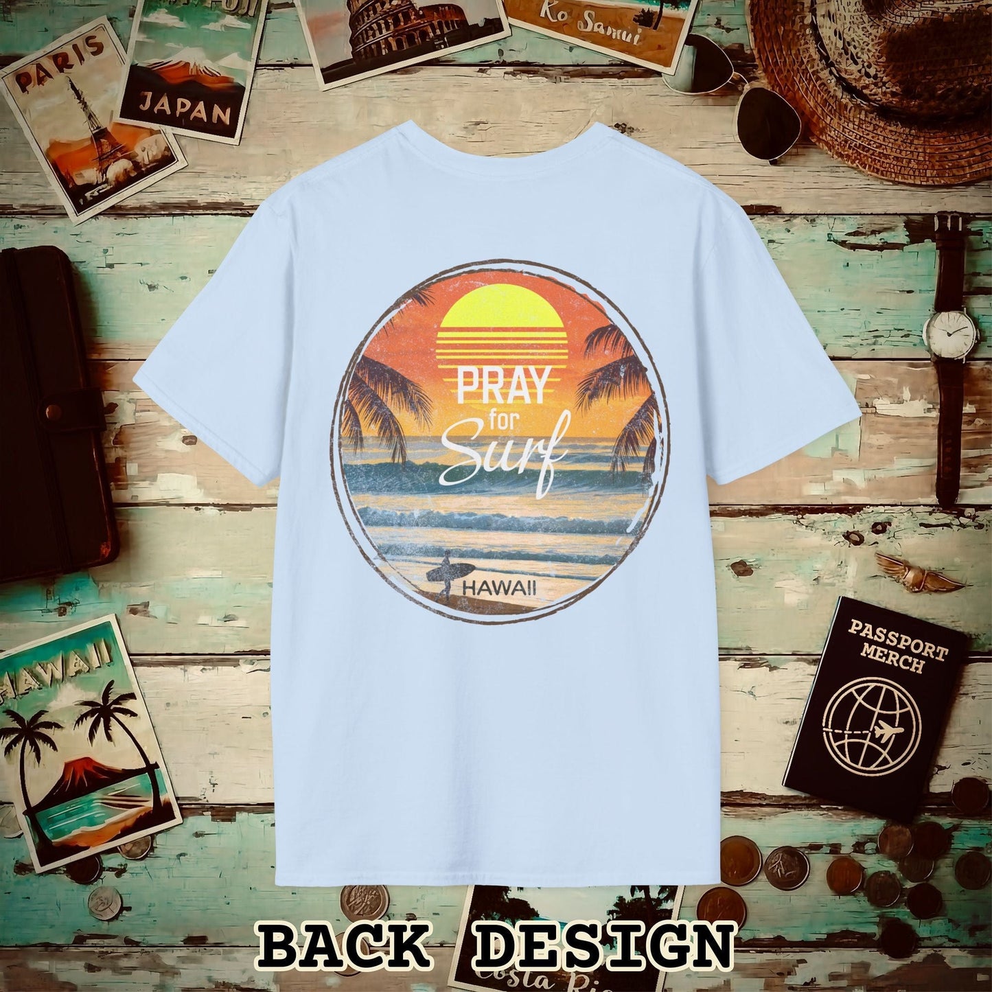 Pray for Surf Hawaii, Back Print T-Shirt Light Blue / S