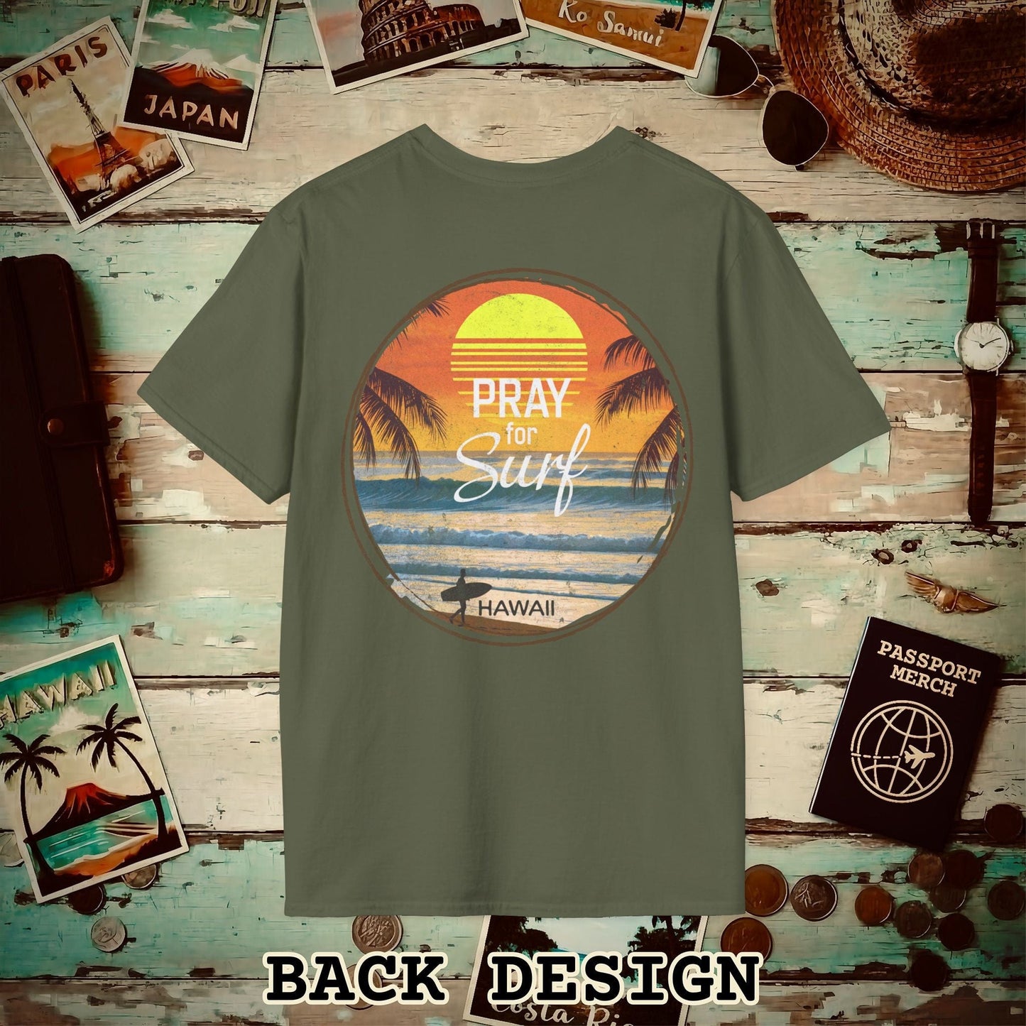 Pray for Surf Hawaii, Back Print T-Shirt Military Green / S
