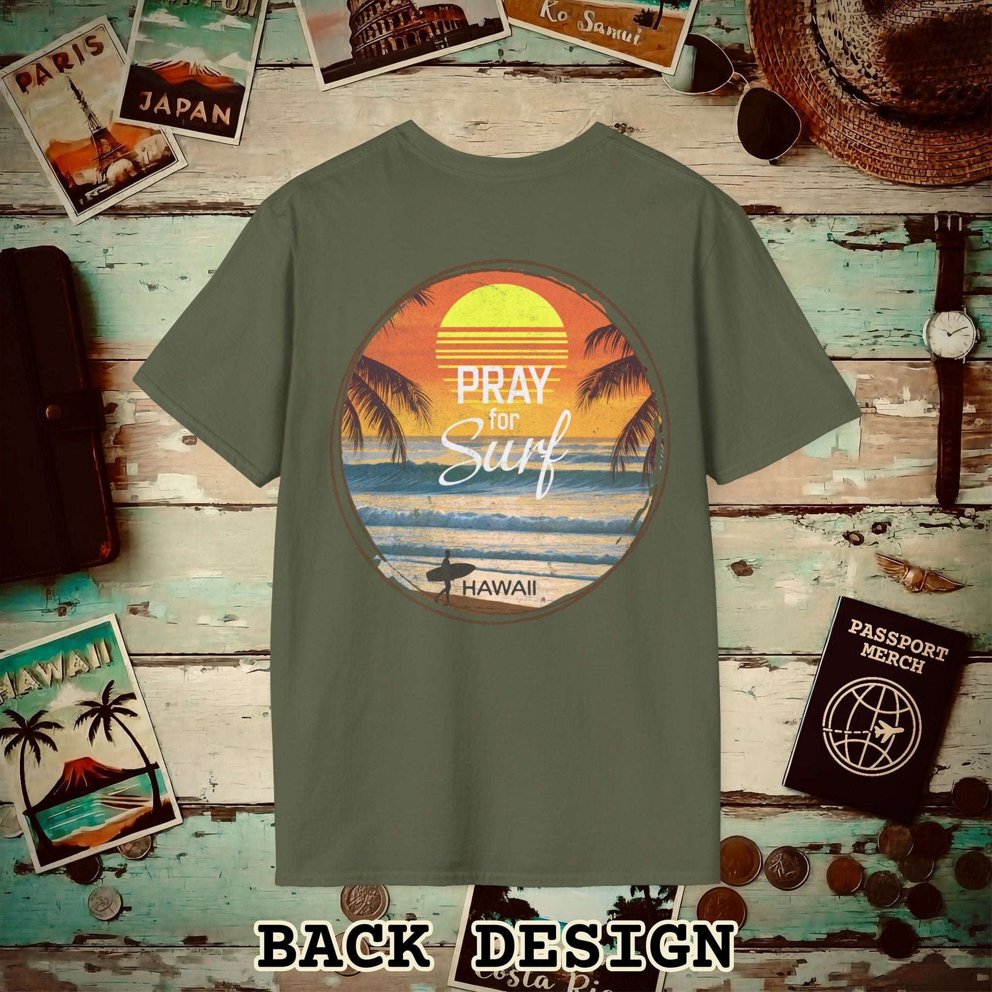 Pray for Surf Hawaii, Back Print T-Shirt Military Green / S