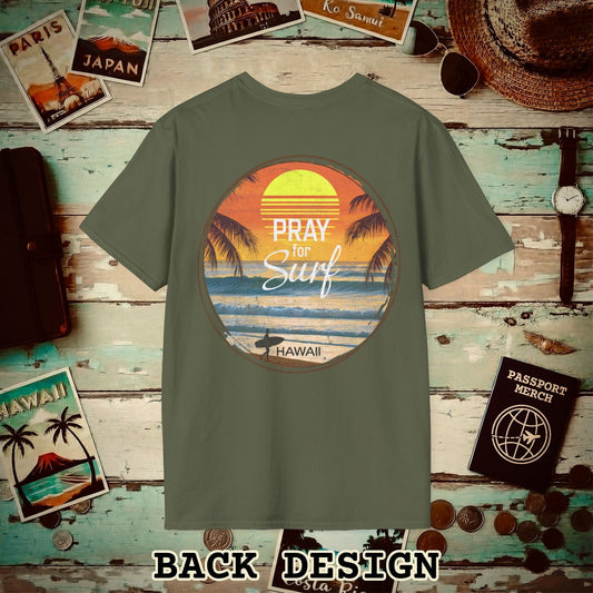 Pray for Surf Hawaii, Back Print T-Shirt Military Green / S