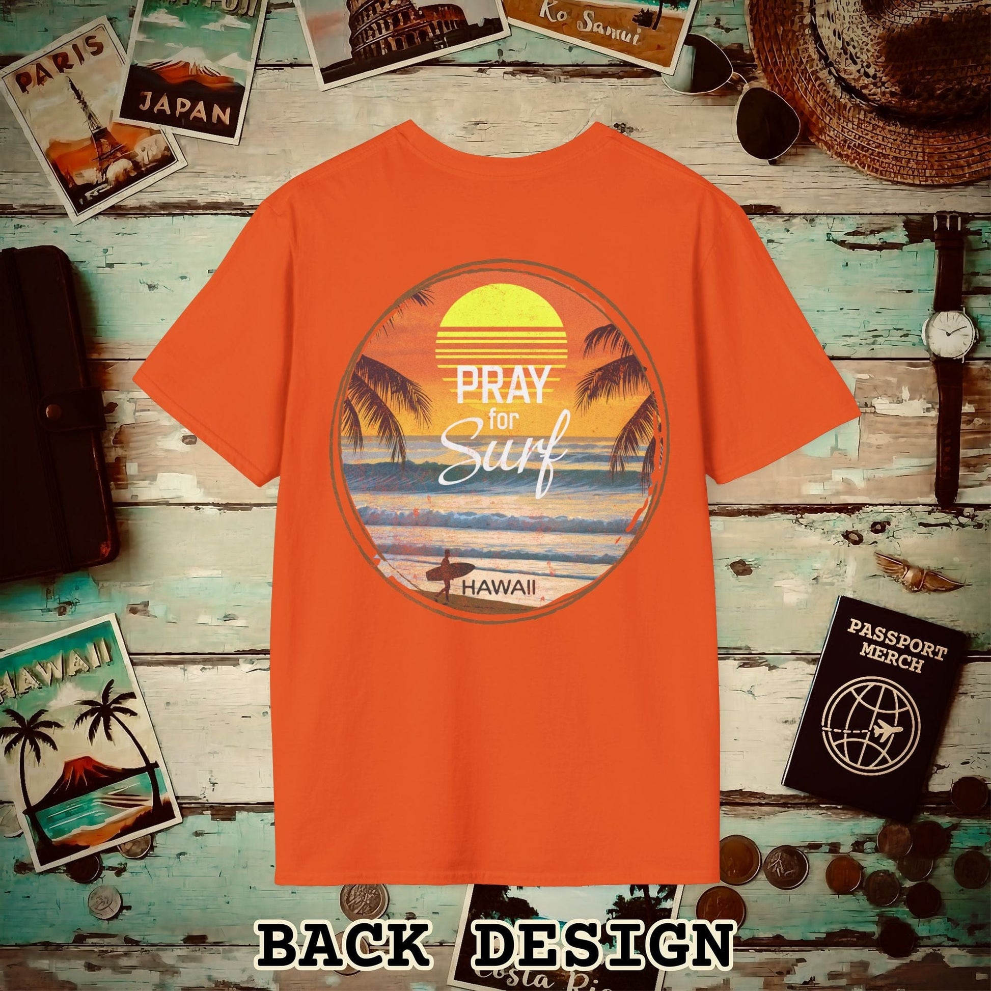 Pray for Surf Hawaii, Back Print T-Shirt Orange / S