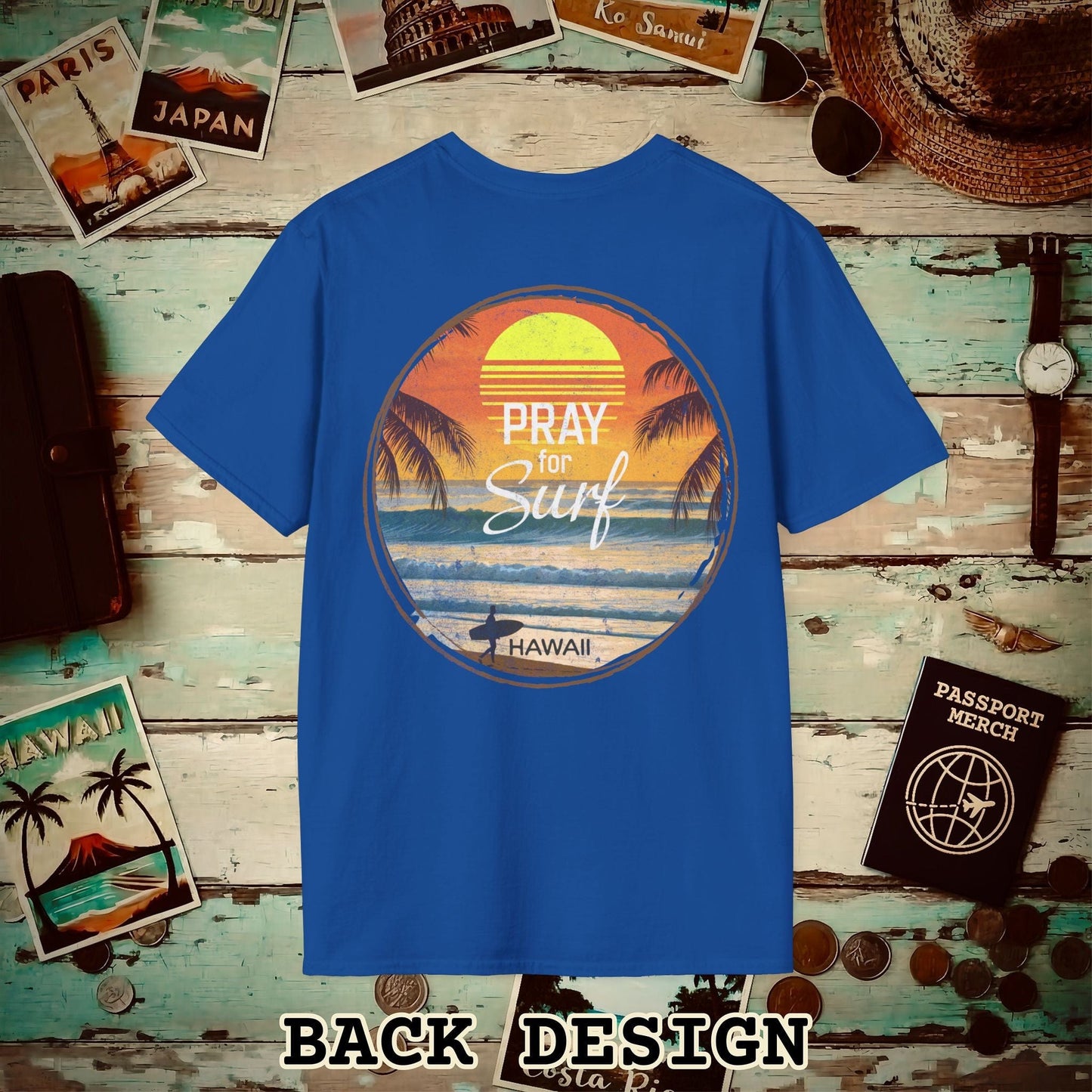 Pray for Surf Hawaii, Back Print T-Shirt Royal / S
