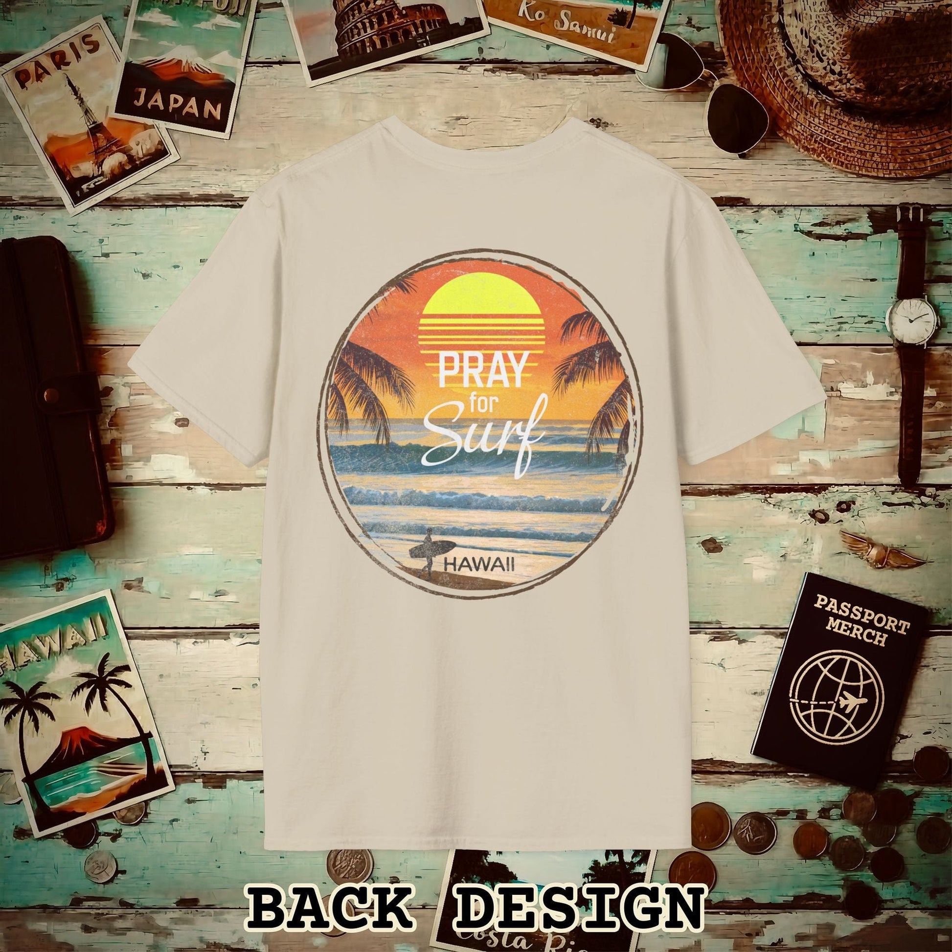 Pray for Surf Hawaii, Back Print T-Shirt Sand / S