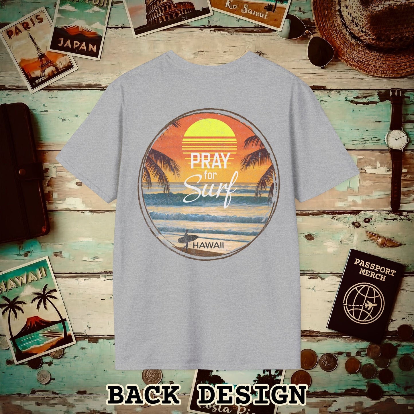 Pray for Surf Hawaii, Back Print T-Shirt Sport Grey / S