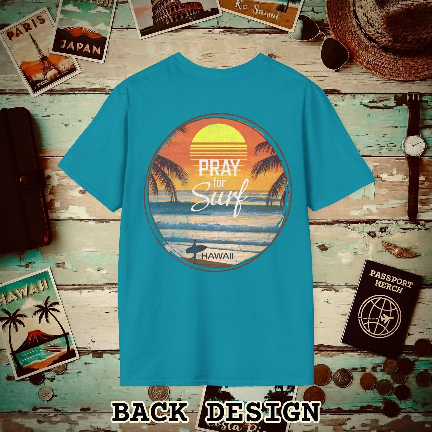 Pray for Surf Hawaii, Back Print T-Shirt Tropical Blue / S
