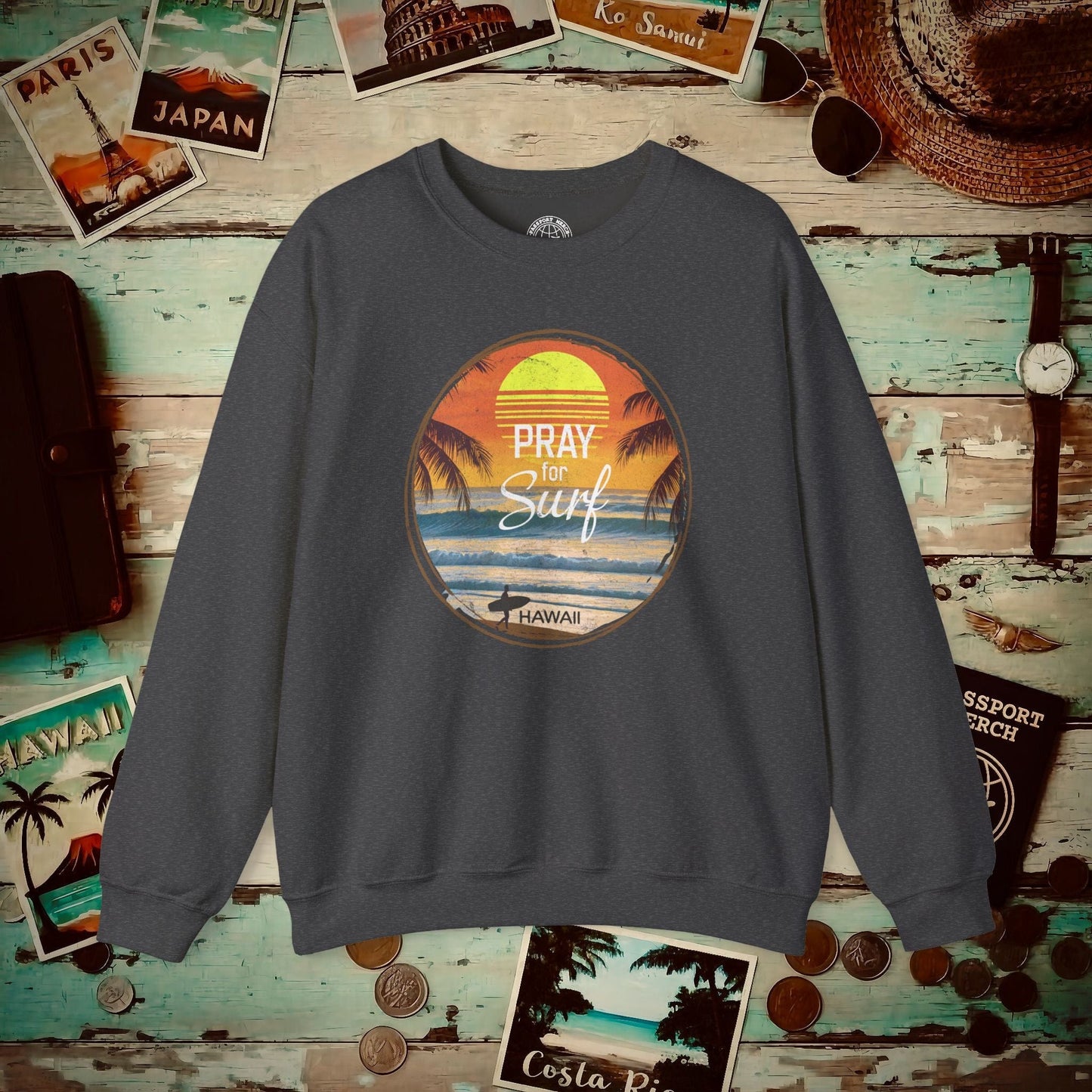 Pray for Surf Hawaii, Crewneck Dark Heather / S
