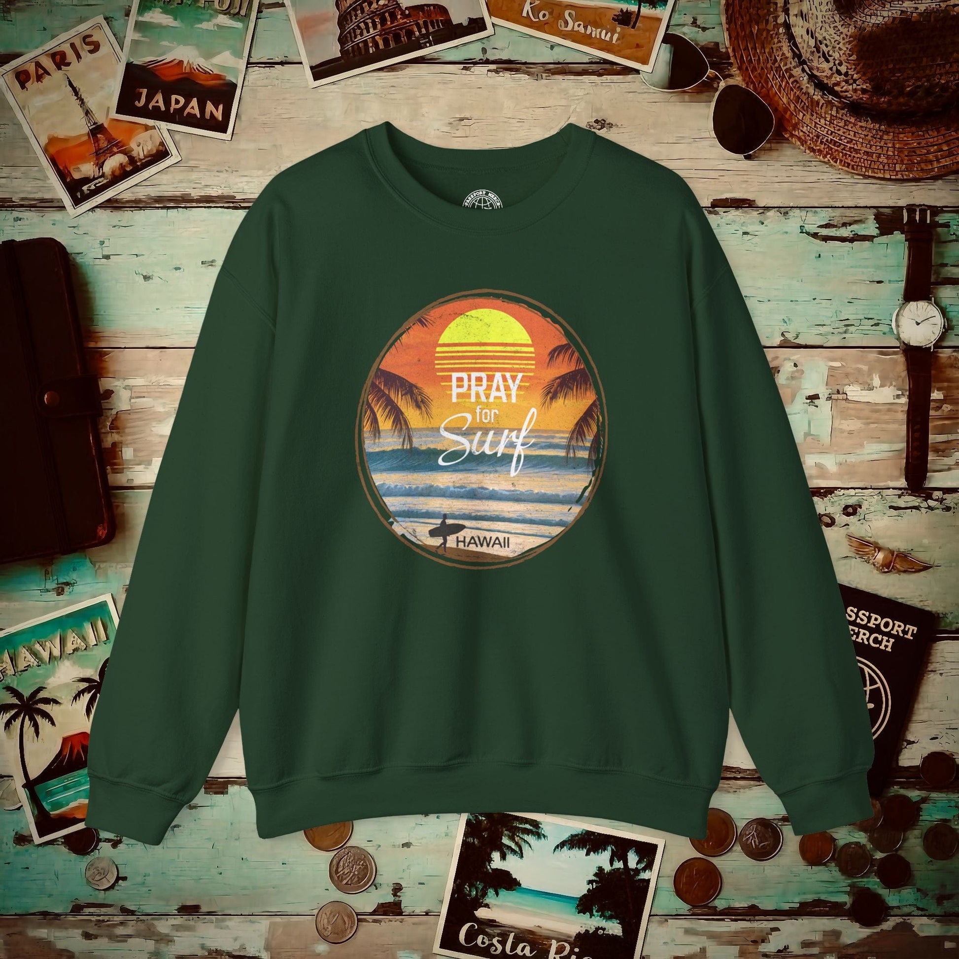 Pray for Surf Hawaii, Crewneck Forest Green / S