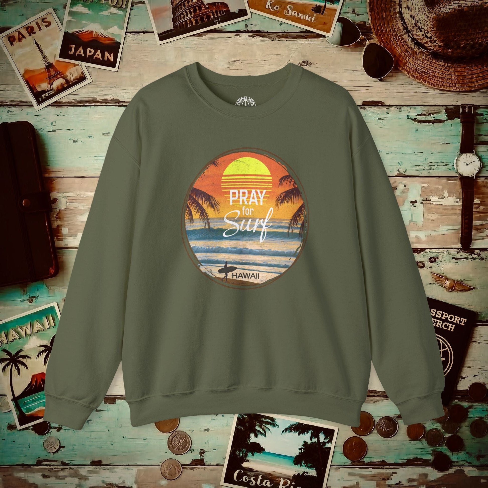 Pray for Surf Hawaii, Crewneck Military Green / S