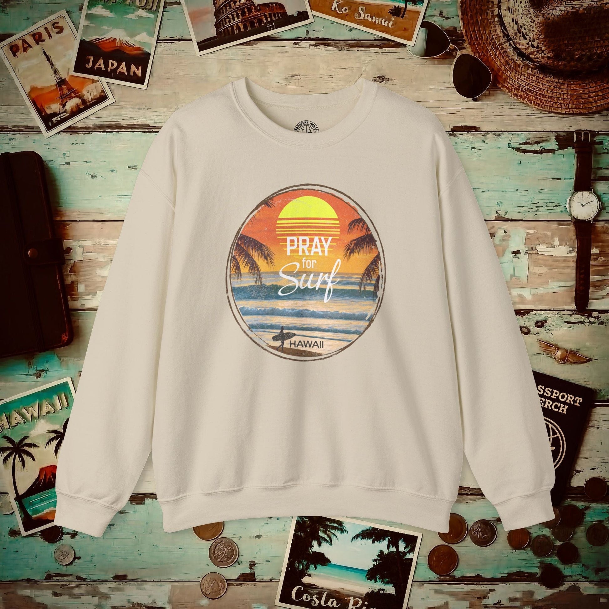 Pray for Surf Hawaii, Crewneck Sand / S