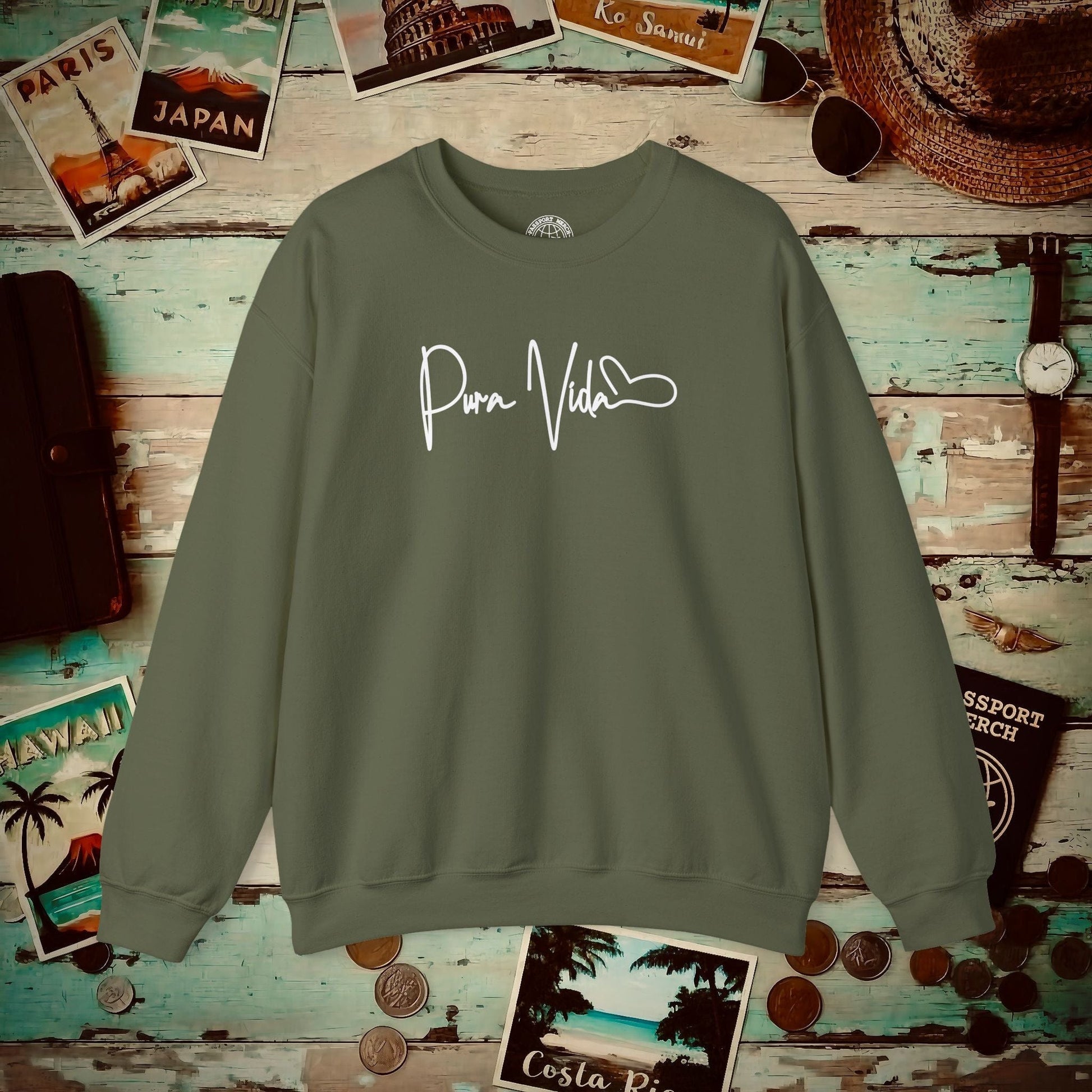 Pura Vida Heart Signature, Costa Rica Crewneck Military Green / S