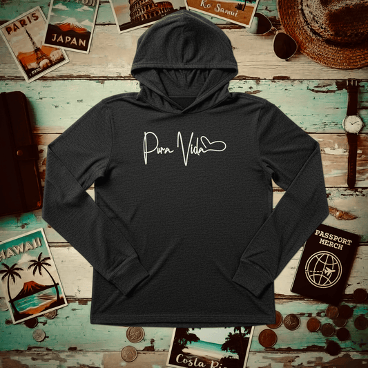 Pura Vida Heart Signature, Costa Rica Hooded Long Sleeve Charcoal Black TriBlend / XS