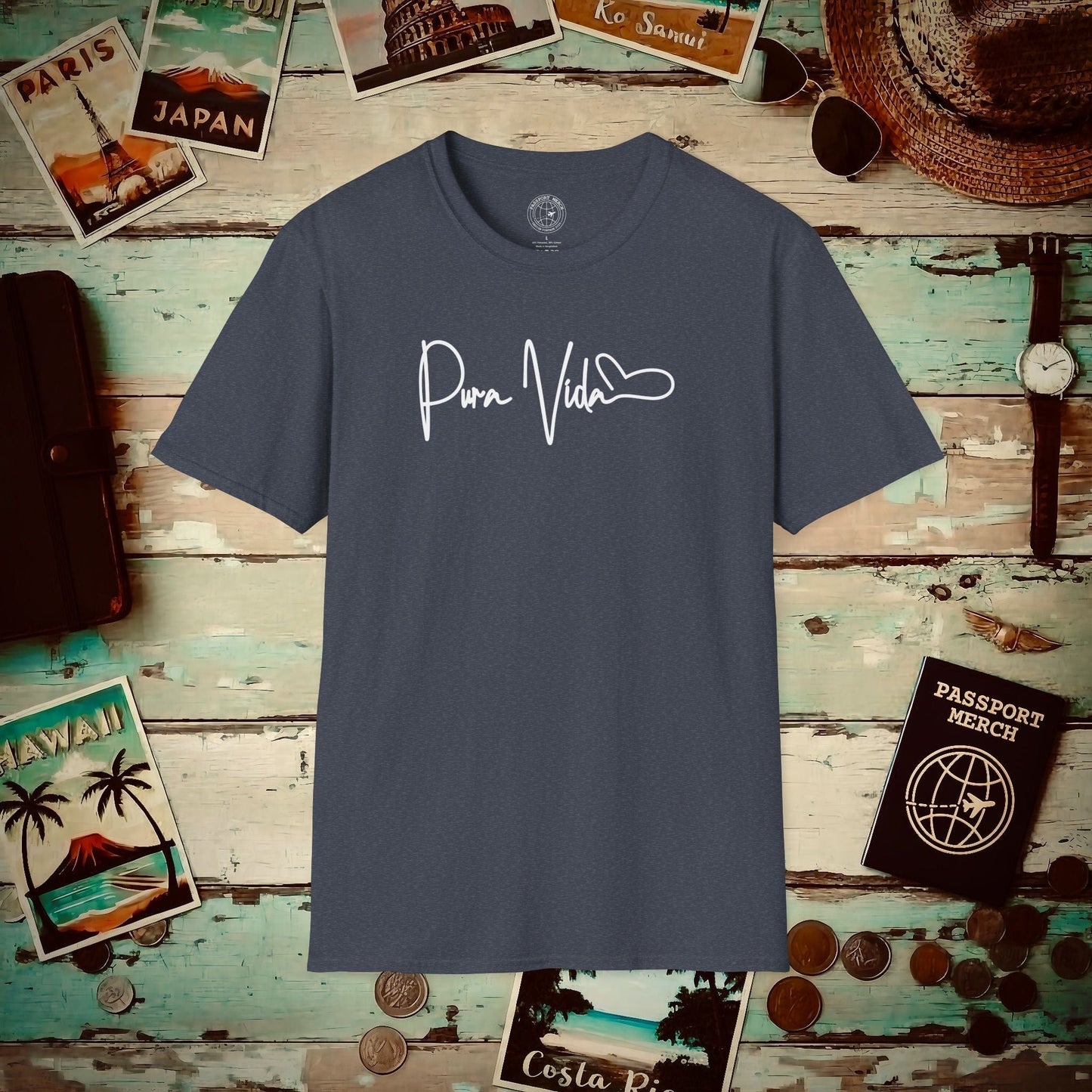 Pura Vida Heart Signature, Costa Rica T-Shirt Heather Navy / S