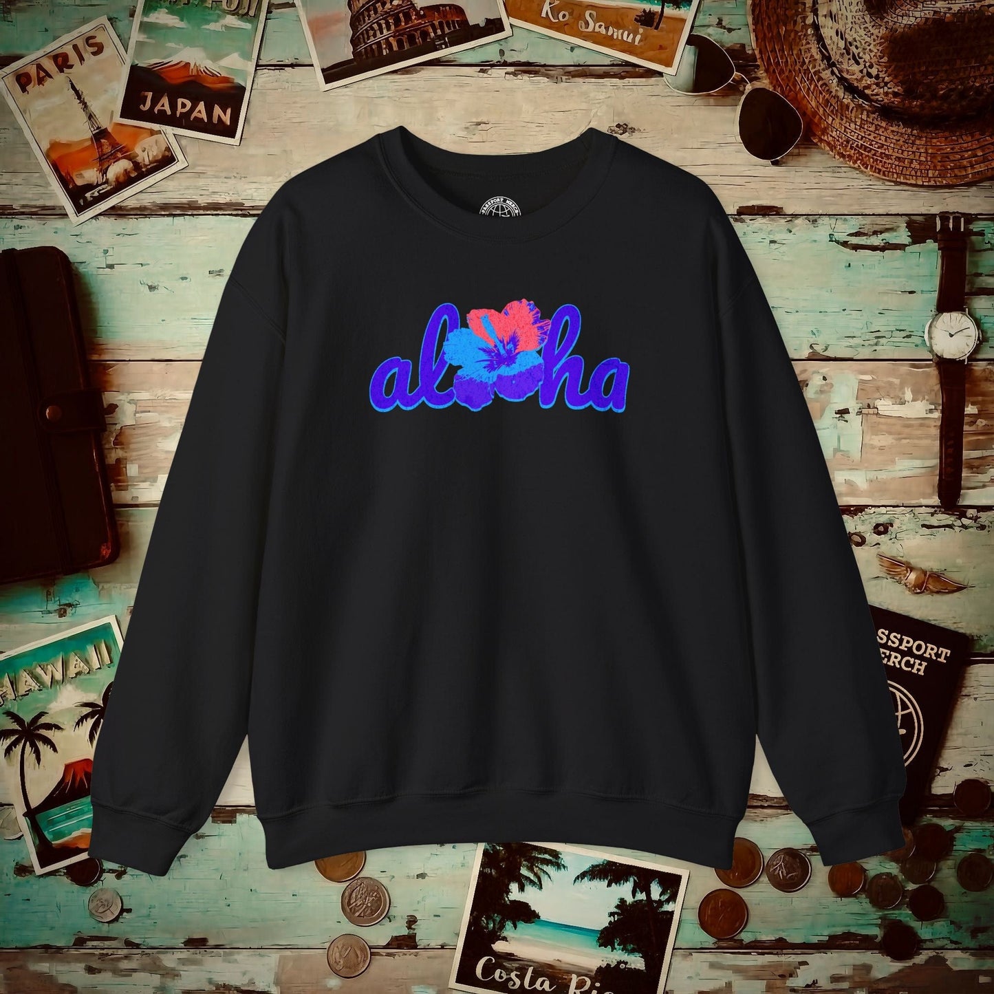 Purple Aloha Hibiscus, Hawaii Crewneck Black / S
