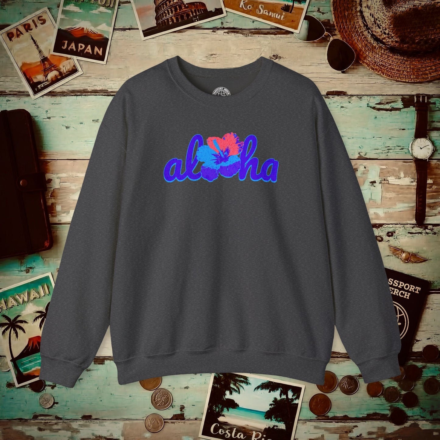 Purple Aloha Hibiscus, Hawaii Crewneck Dark Heather / S
