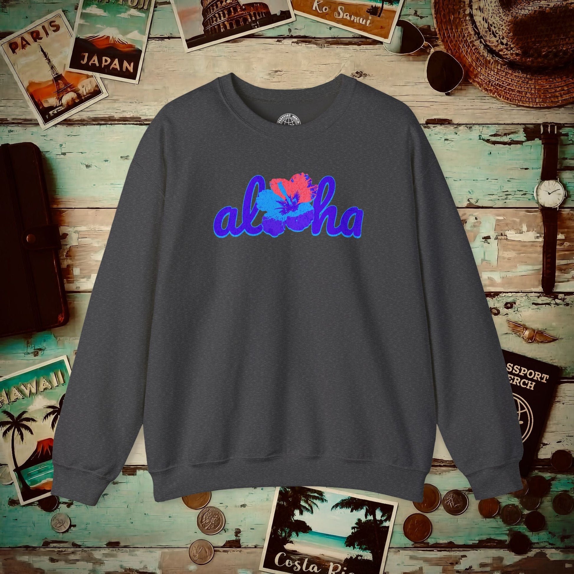 Purple Aloha Hibiscus, Hawaii Crewneck Dark Heather / S